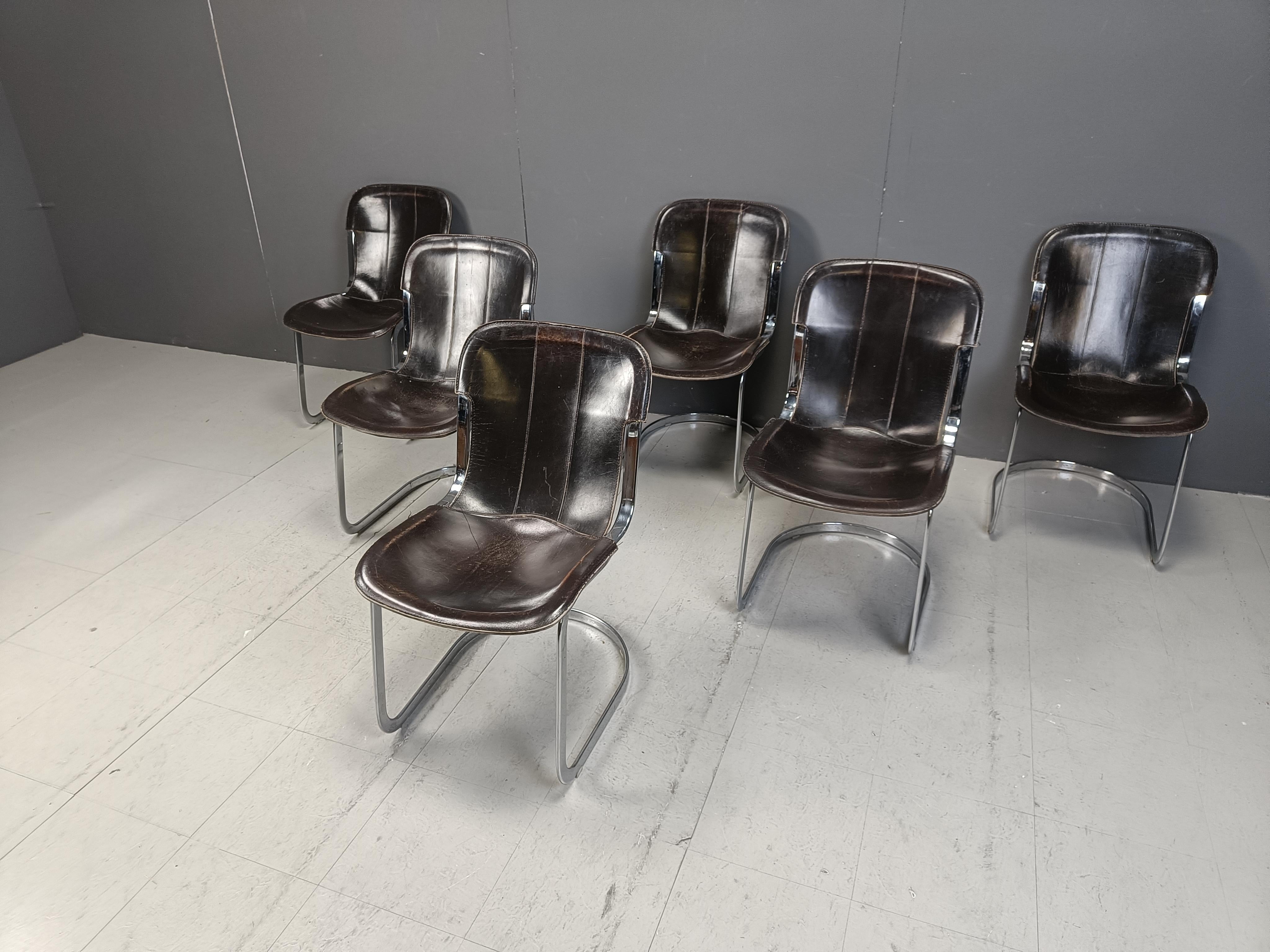 Leather Vintage dining chairs by Willy Rizzo for cidue set of 6, 1970s