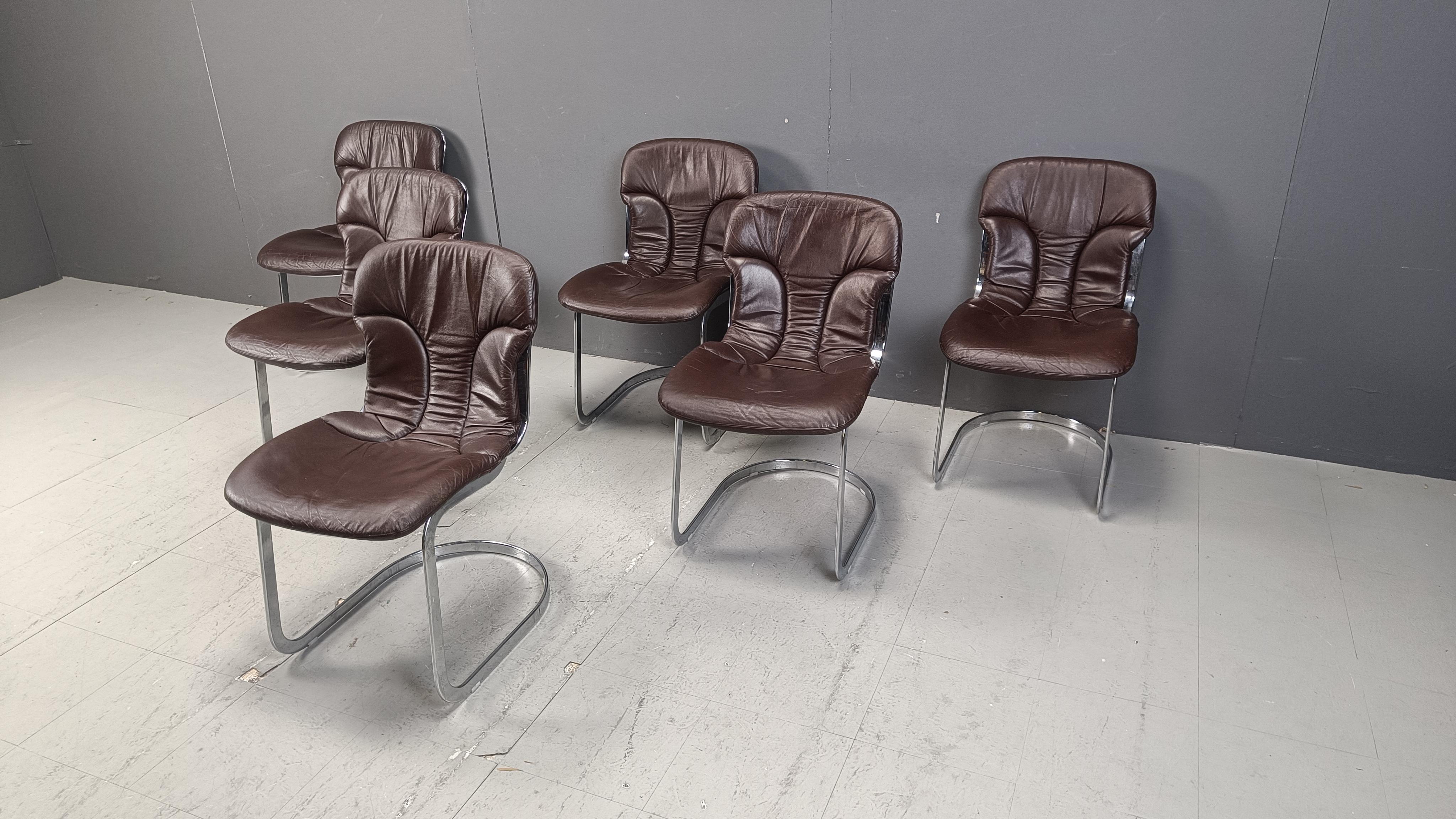 Leather Vintage dining chairs by Willy Rizzo for cidue set of 6, 1970s