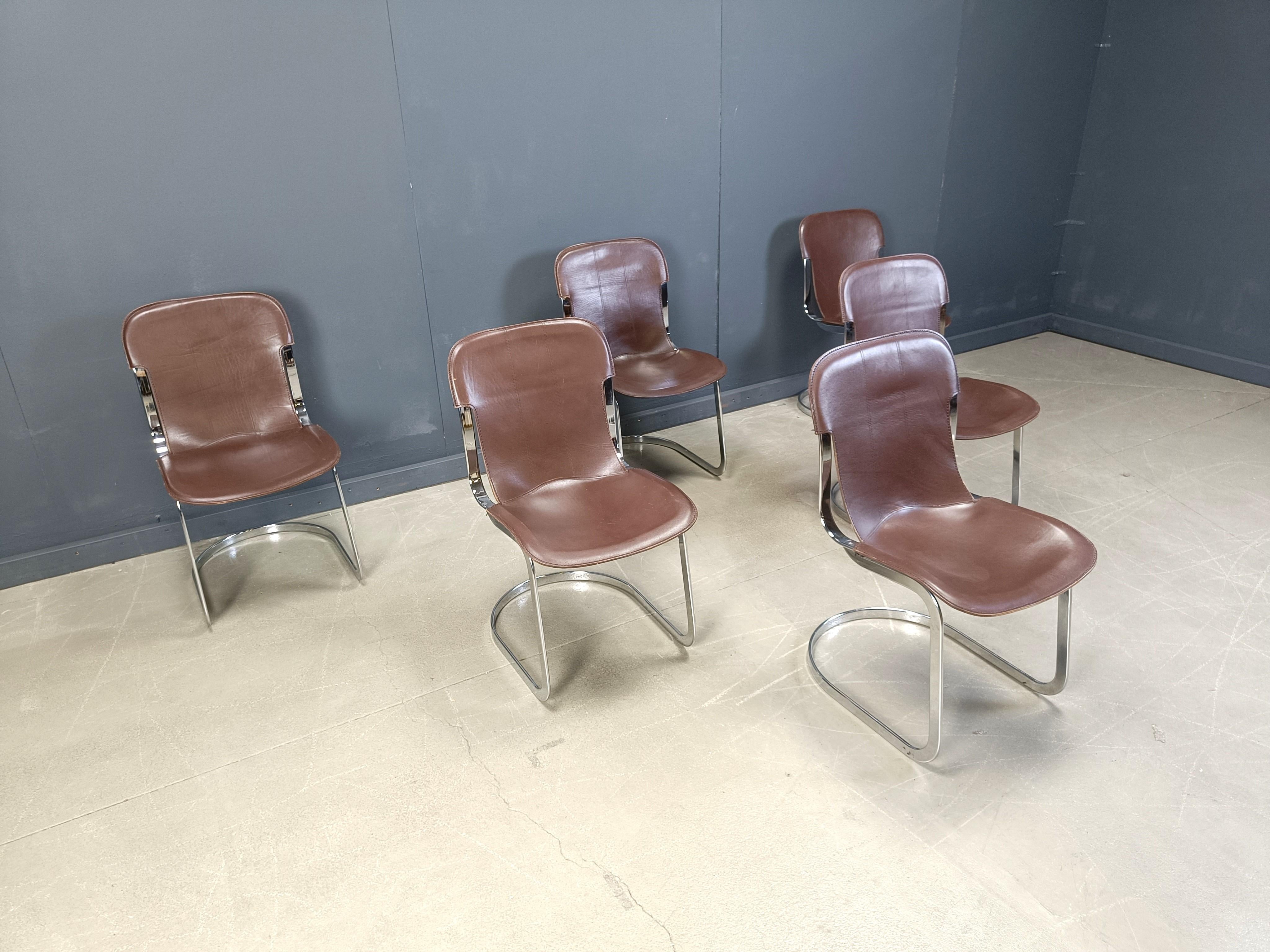 Leather Vintage dining chairs by Willy Rizzo for cidue set of 6, 1970s For Sale