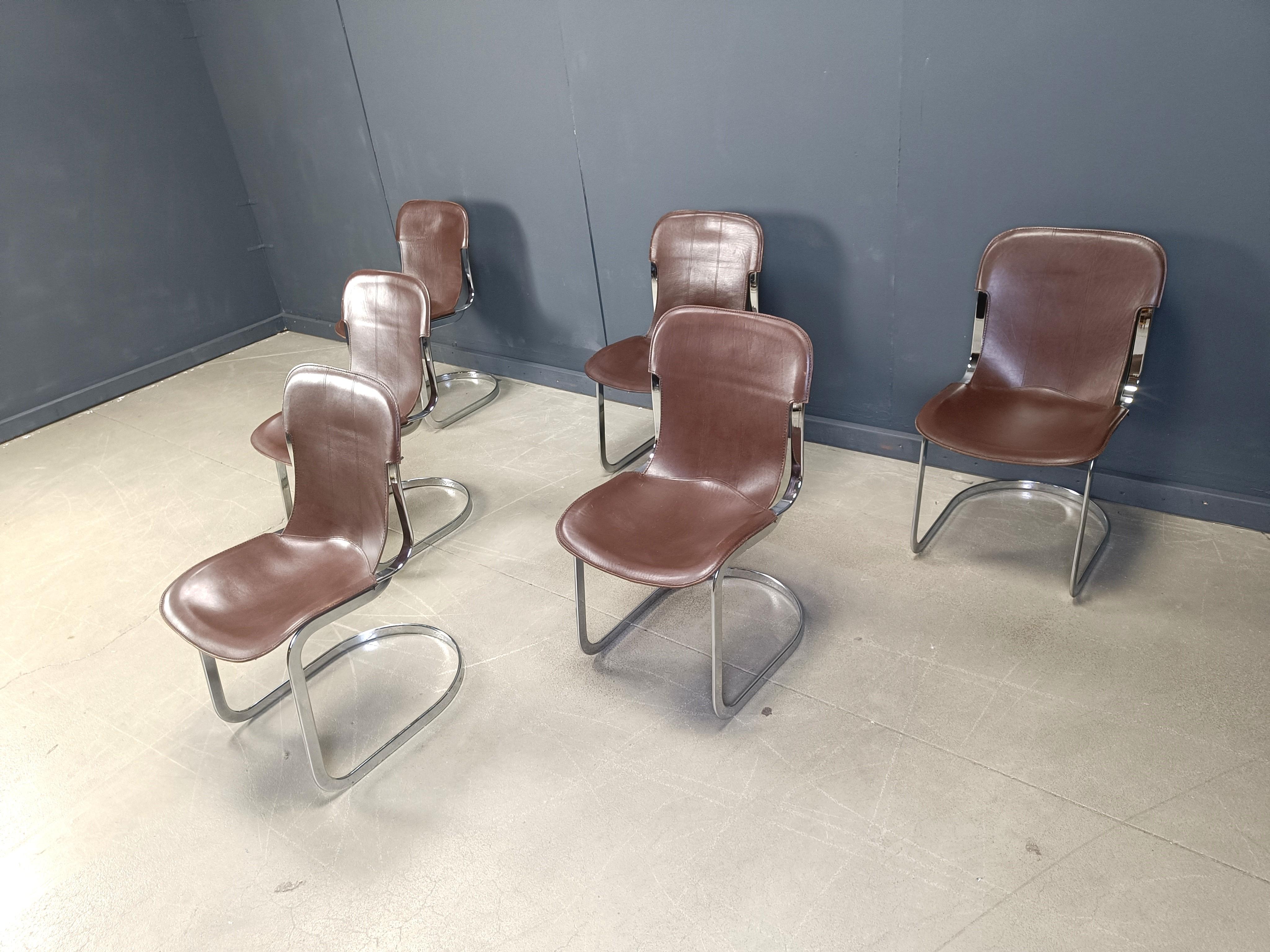 Vintage dining chairs by Willy Rizzo for cidue set of 6, 1970s For Sale 1