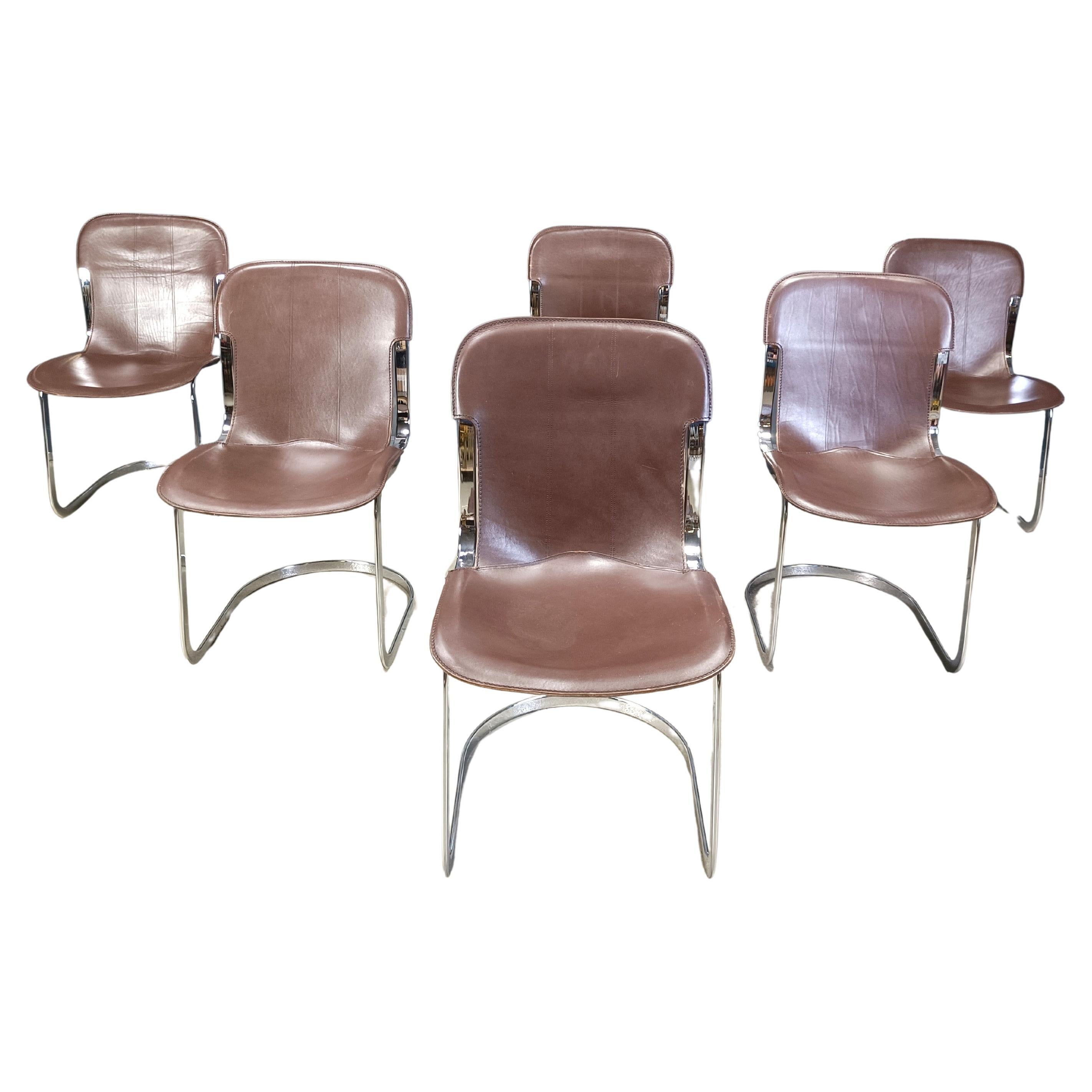 Vintage dining chairs by Willy Rizzo for cidue set of 6, 1970s For Sale