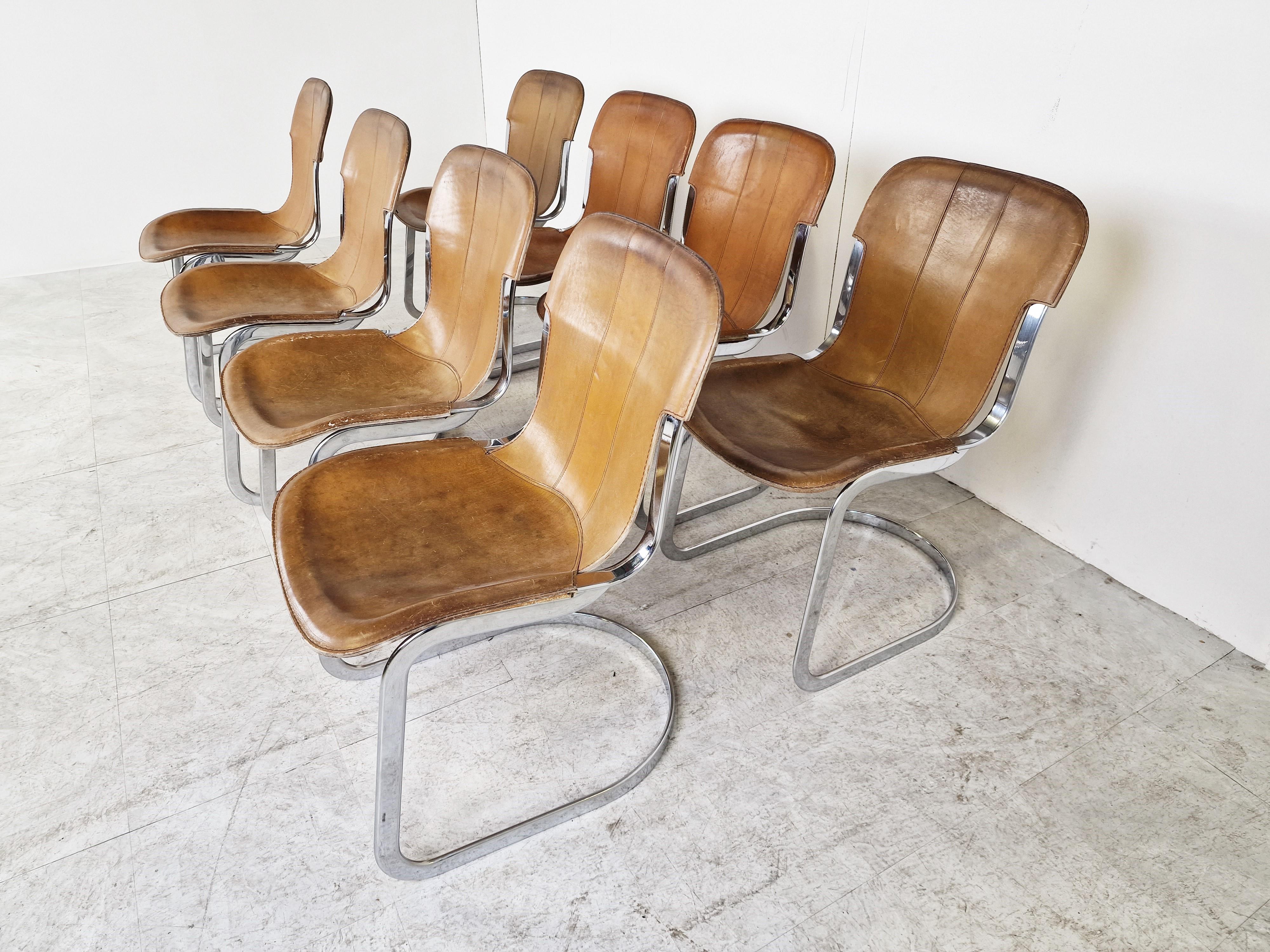 Leather Vintage Dining Chairs by Willy Rizzo for Cidue Set of 8, 1970s