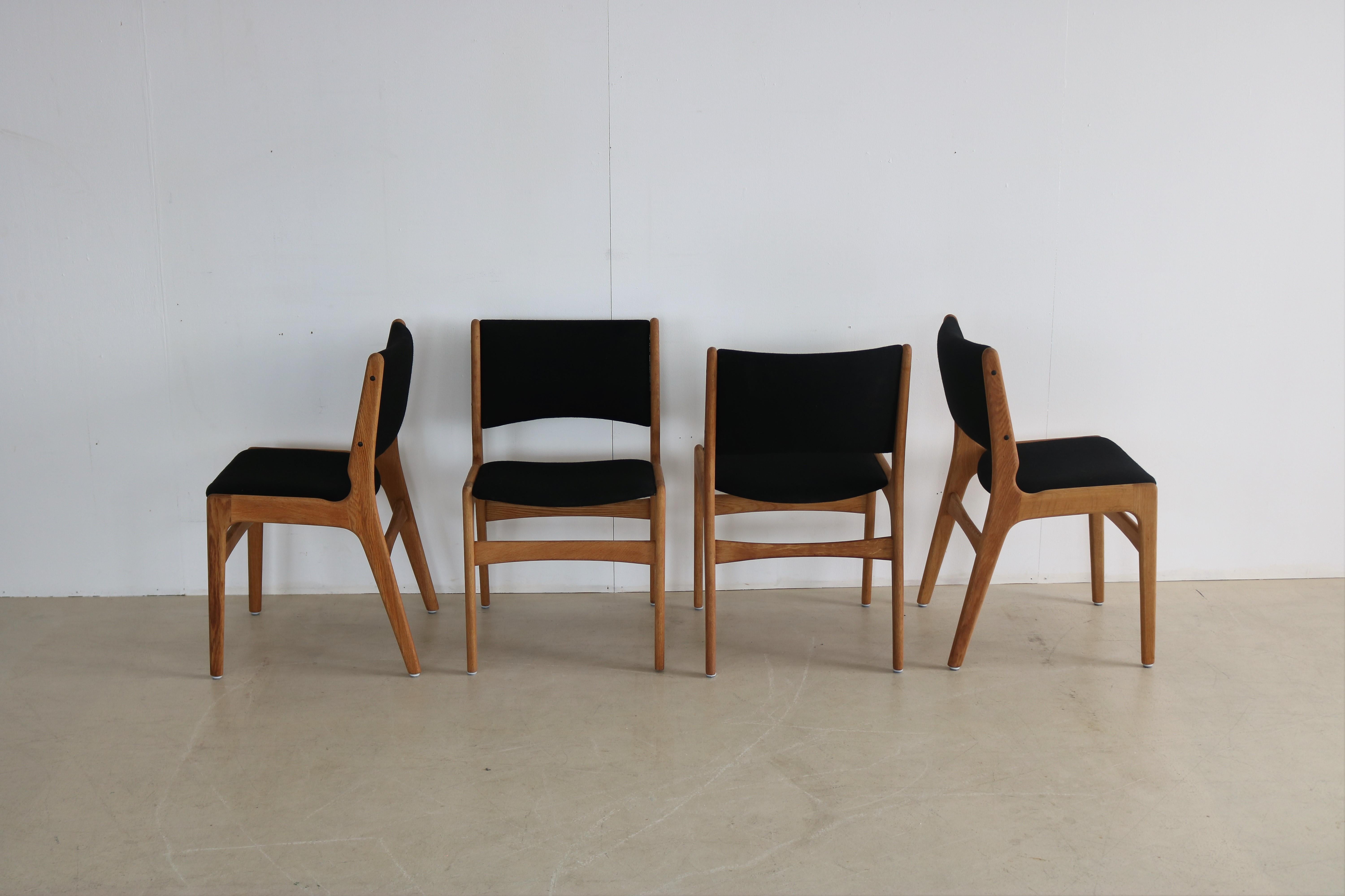 vintage dining chairs  chairs  1960s  oak

period  1960s
design  unknown  Denmark
condition  good  minor signs of use  newly upholstered
size  81 x 48 x 50 (hxbxd) seat height 47 cm;

details  oak; fabrics; set of 4;