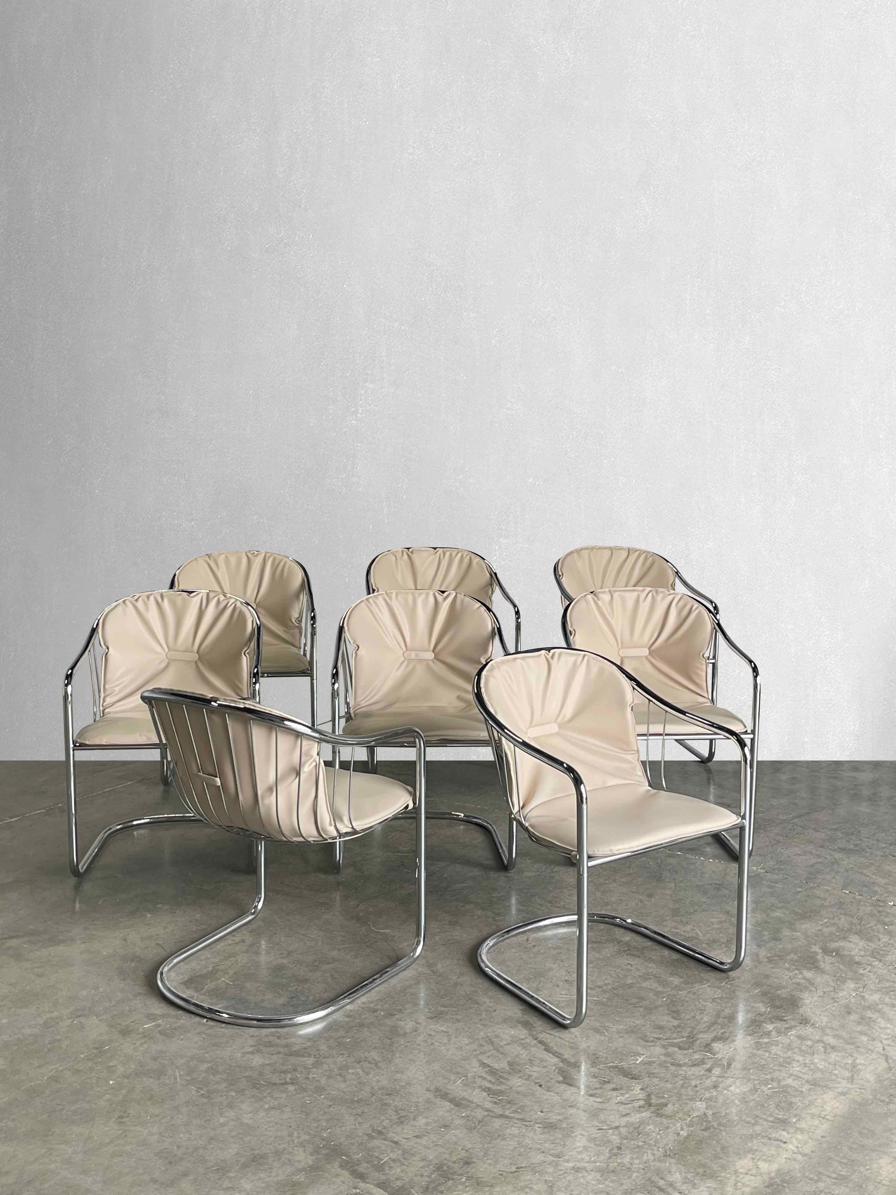 C.1960

These elegant chrome wire chairs were designed by Gastone Rinaldi for RIMA, Italy. They have been reupholstered in a beautiful ivory neutral vegan leather.

When selecting this fabric I was inspired by a clients styling of her travertine