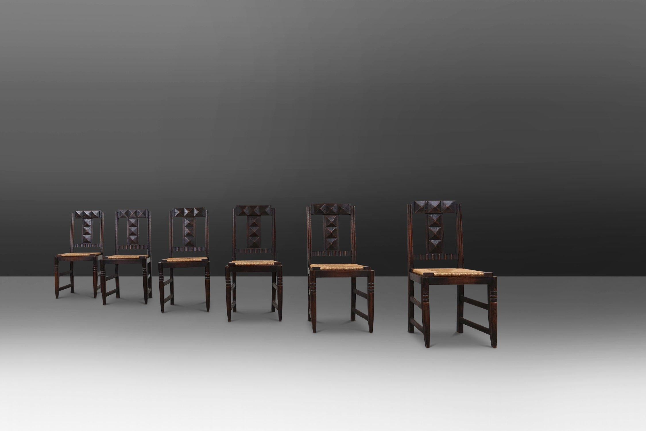Vintage Esszimmerstühle aus Eiche und Geflecht von Victor Coutray, 6-teilig (Art déco) im Angebot