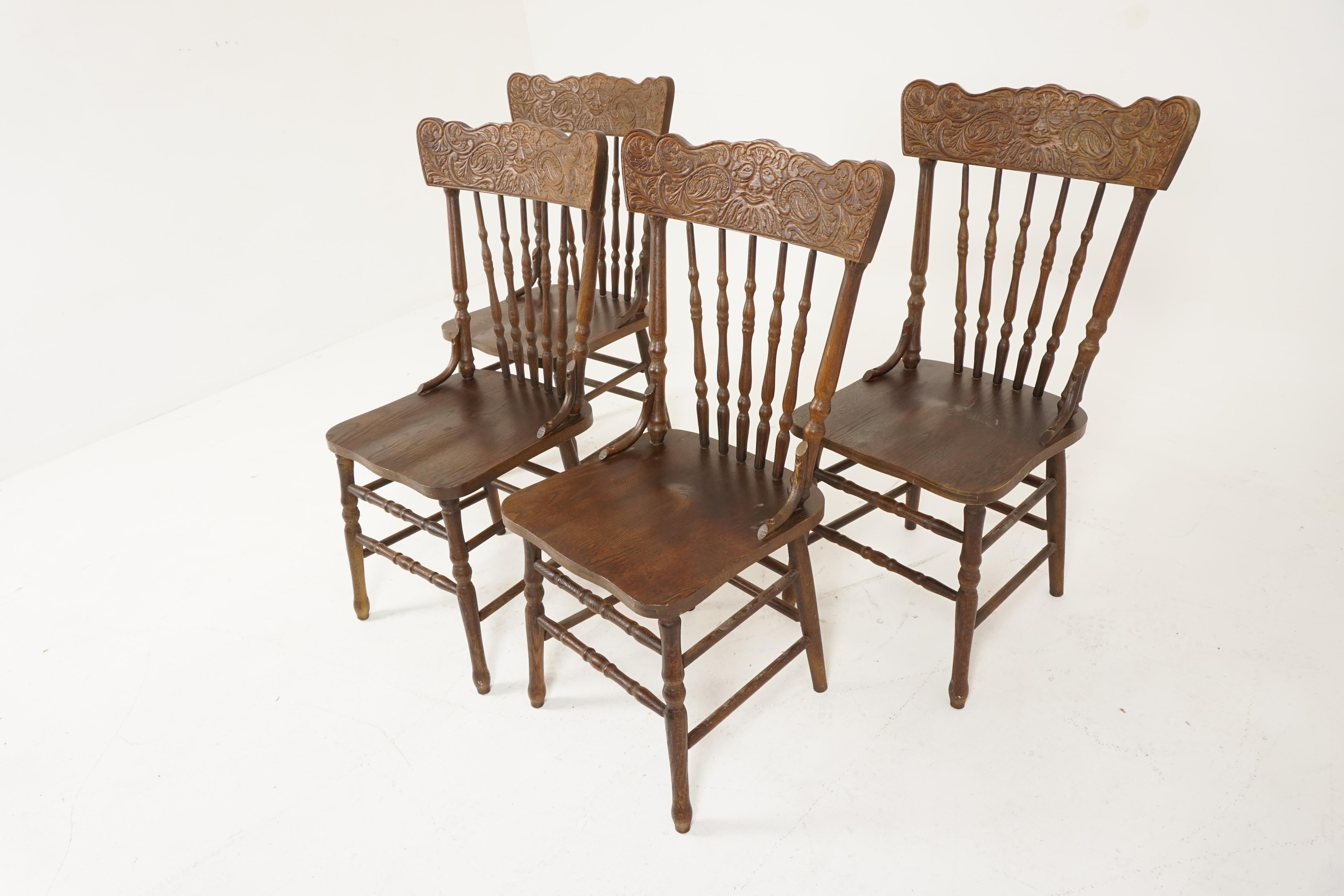 Vintage dining chairs, set of 4, Oak, Press Back, Canada 1950, B2795

Canada 1950
Solid oak
Original finish
Carved top rail
Five turned spindles underneath
Solid oak seat
Standing on four turned legs
Double turned stretchers
All joints are