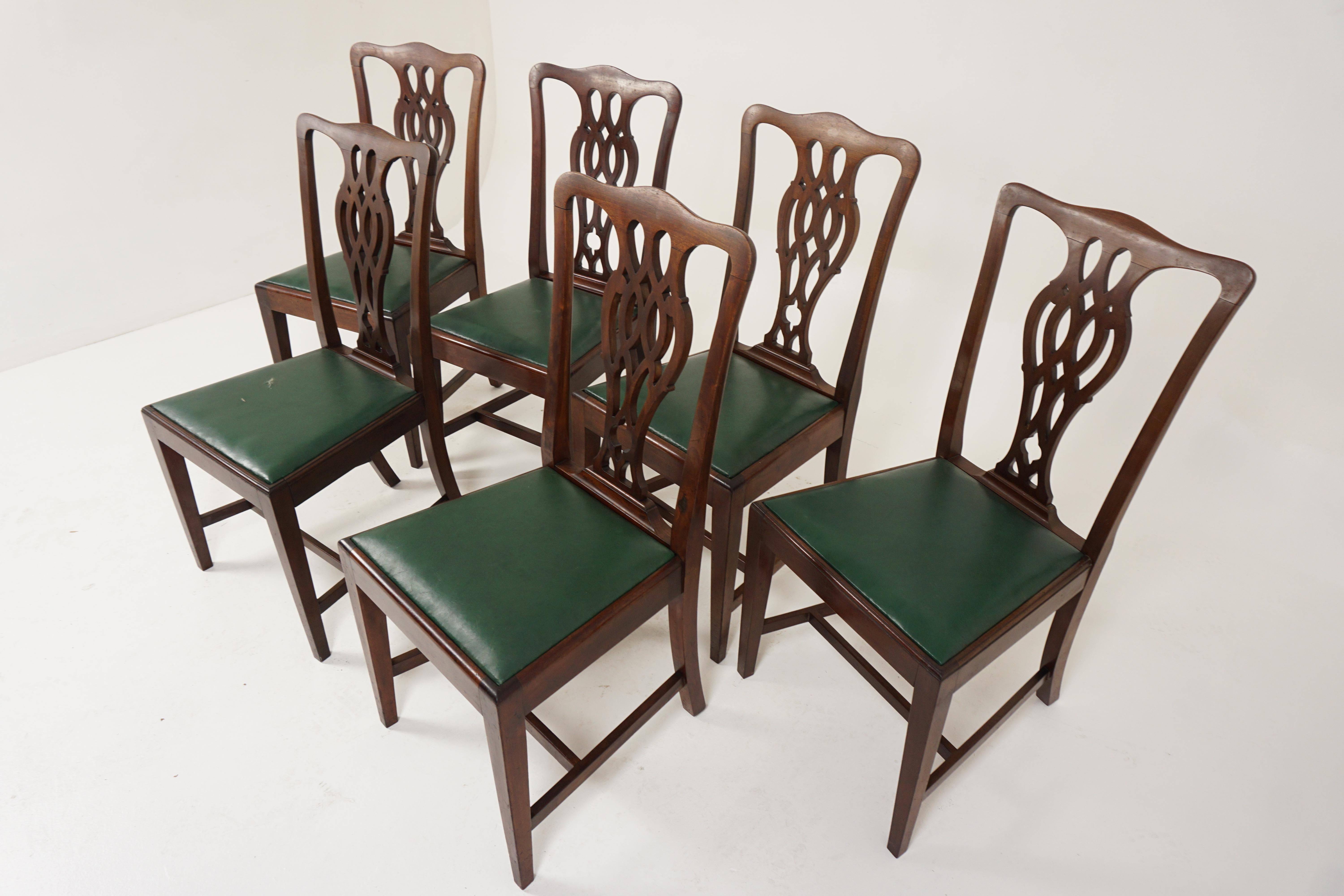 Vintage dining chairs, set of 6, walnut, Chippendale style, Scotland 1920, H142

Scotland 1920
Solid walnut
Original finish
Wavy shaped top rail with a pierced back splat
Large comfortable lift out seat
All standing on tapered legs
Connected with a