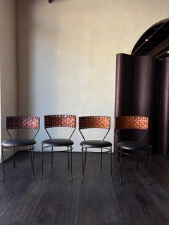 Vintage Dining Chairs with Hand-Woven Leather Backs, Set of Four