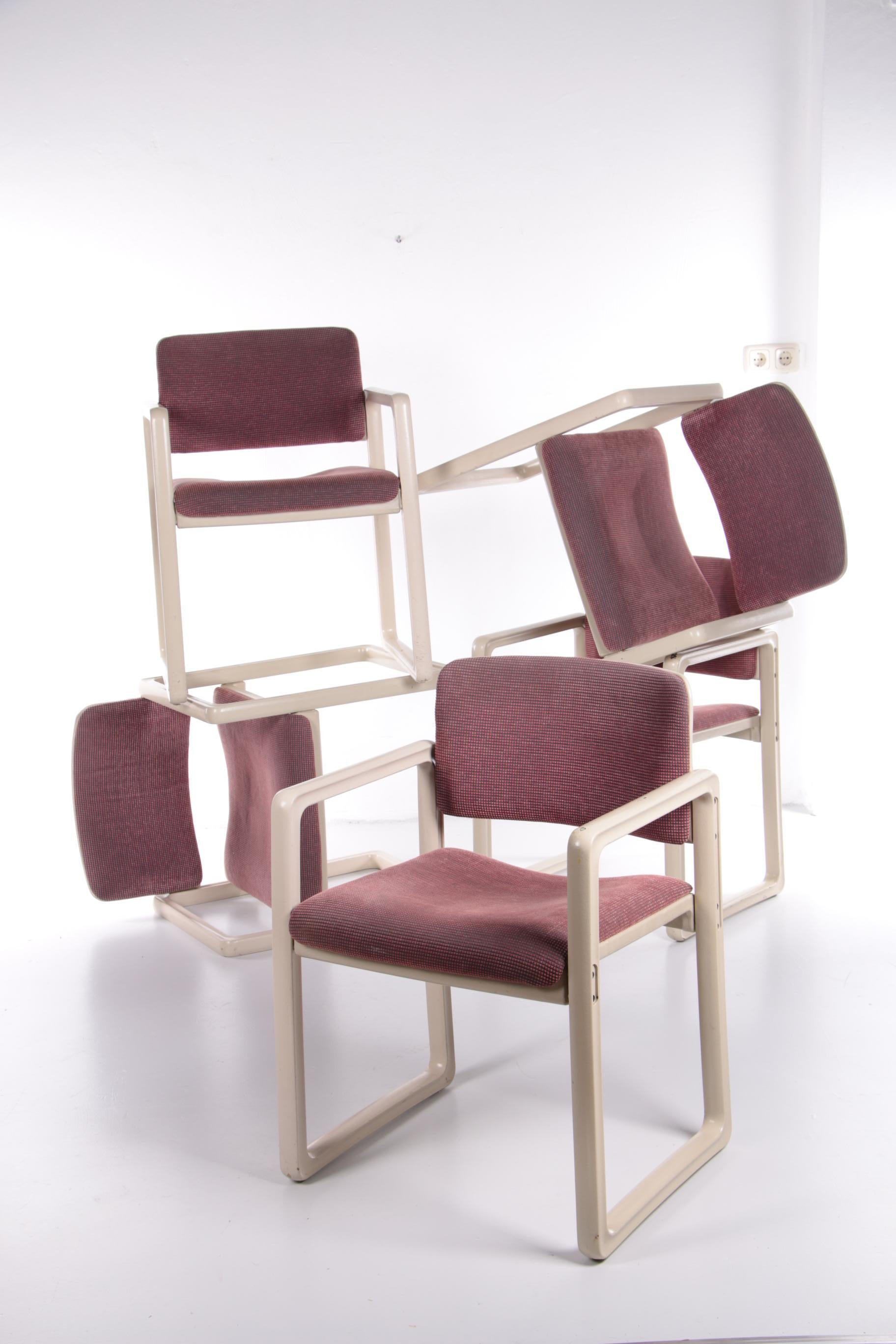 Beautiful vintage dining room chairs. The design is by B. Meijer and the chairs were produced by Kembo Holland, 1960s.

The chairs can be pushed together, which makes it easy to store the chairs.

The frame is made of sturdy plastic with upholstery