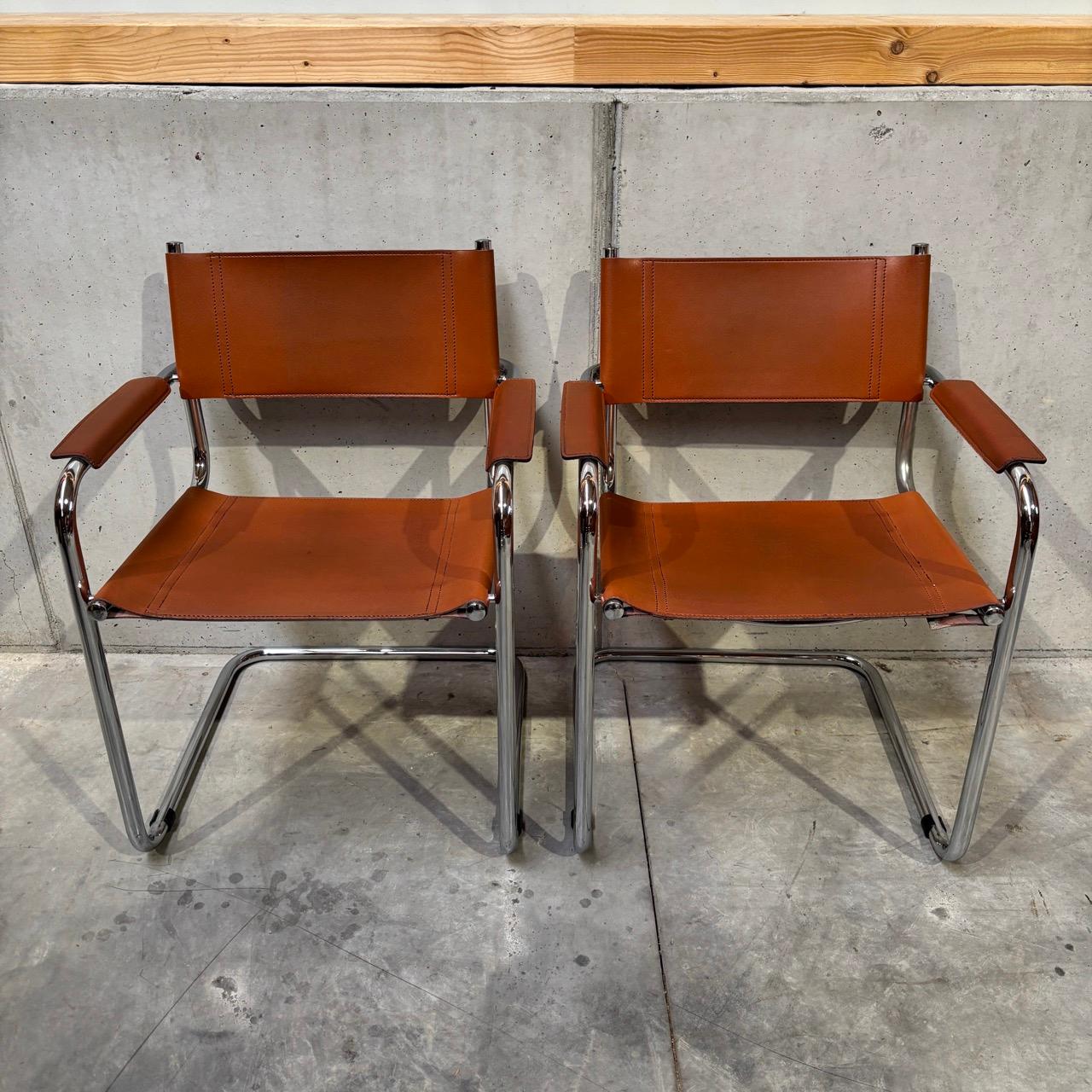 ✓ Timeless & durable
✓ Thick, vegetable-tanned saddle leather
✓ High-quality chrome-plated metal frame

Dimensions:
W: 60cm H: 77cm D: 58cm
Seat height: 45cm

Article: Vintage dining chairs
Item no.: 1066
Epoch: Italy, 70s, Mart Stam (new edition