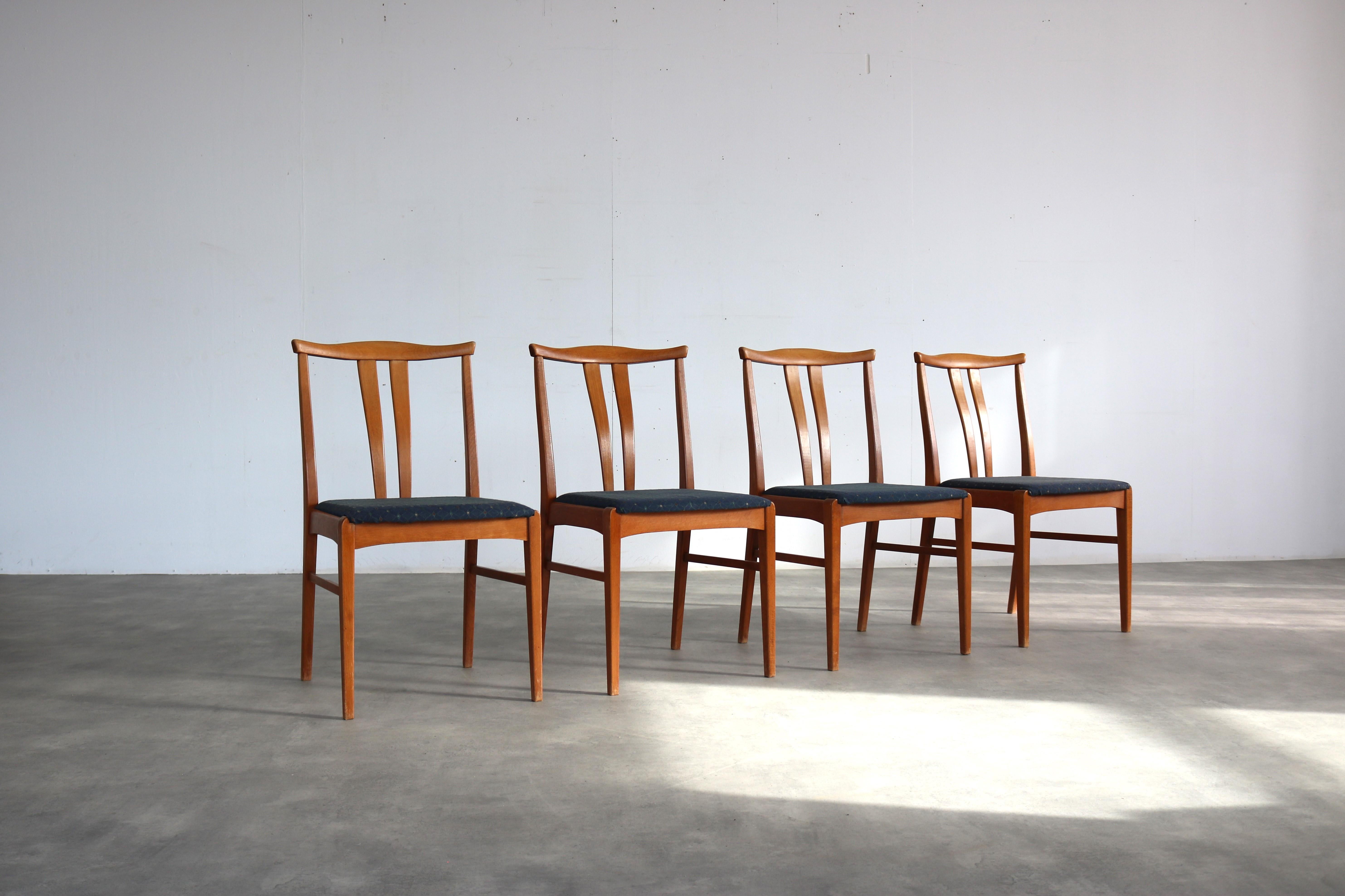 vintage dining room chairs  chairs  60s  Swedish

period  60's
design  unknown  Sweden
condition  good  light signs of use
size  82 x 46 x 50 (hxwxd) seat height 45 cm;

details  teak; upholstery; set of 4;

article number  2303