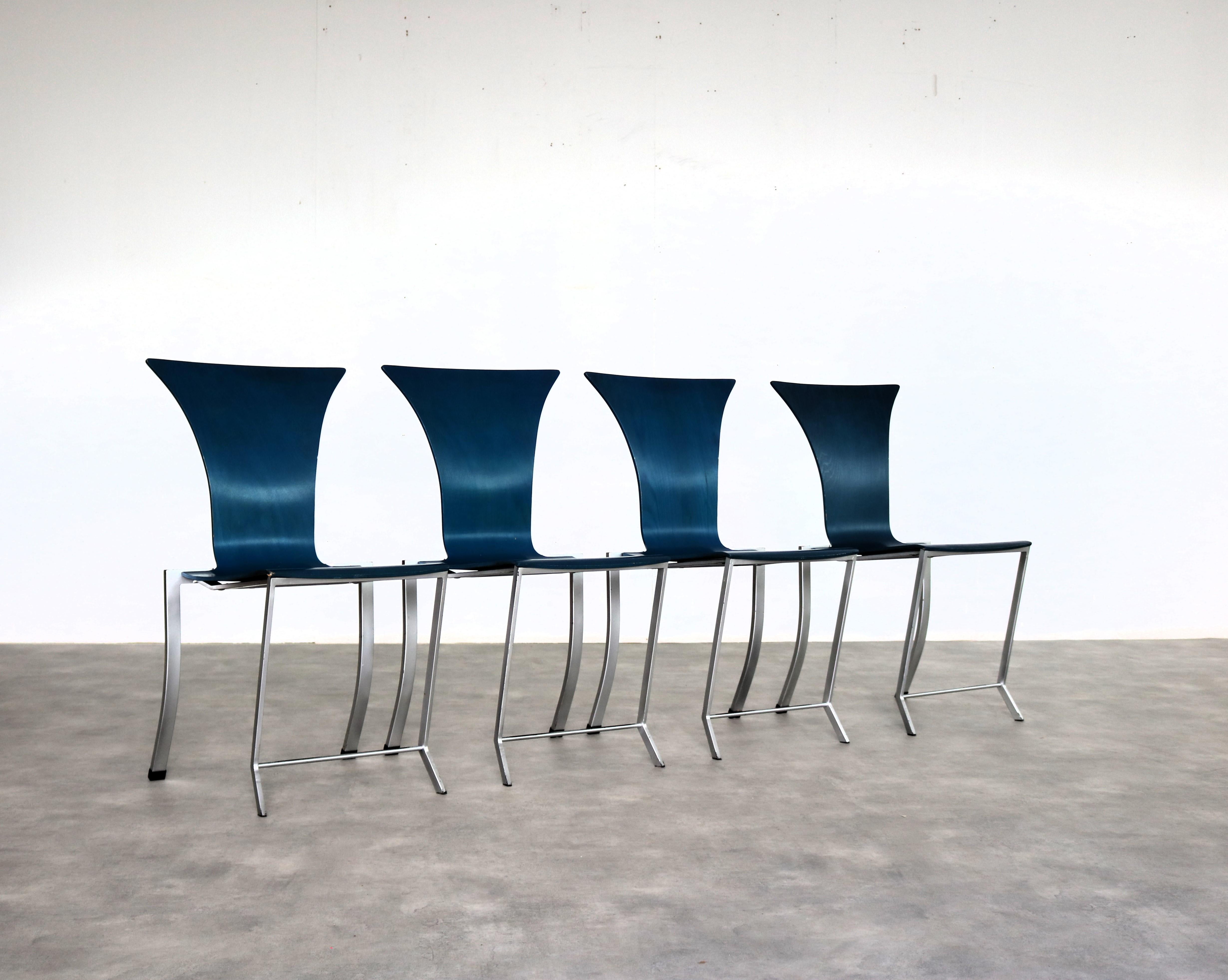 vintage dining room chairs  chairs  KFF Design

period  90s
design  Karl Friedrich Förster  KFF  Germany
condition  good  light signs of use
size  87 x 48 x 56 (hxwxd) seat height 46 cm; 

details  metal; plywood; rubber; set of 4; 

article number 