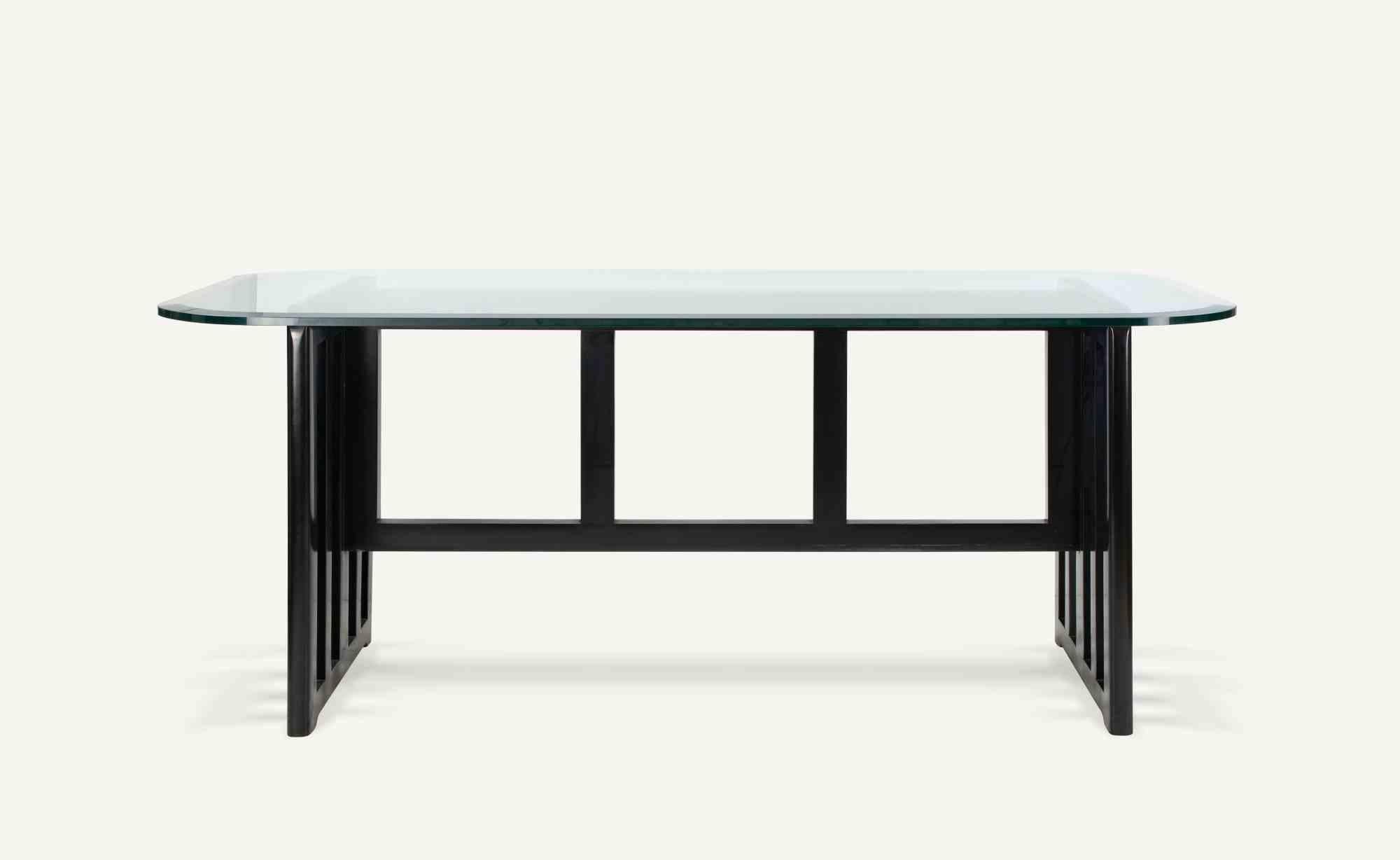 Table de salle à manger vintage de style Art of Vintage, 1970.

Bois laqué et magnifique table en cristal taillé.

Profondeur du cristal : 1,6 cm.

Excellent état. 