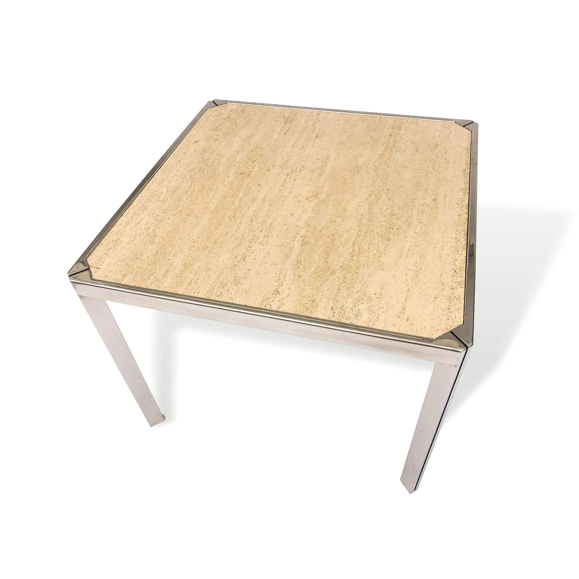 Mid-Century Modern Vintage Dining Table or Game Table in Travertine Marble and Nickel, 1970s