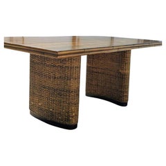 Vintage Dining Table, Wicker Rattan Base, Wood Top, Rectangular, MCM