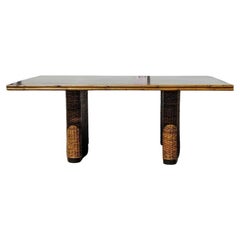 Vintage Dining Table, Wicker Rattan Base, Wood Top, Rectangular, MCM