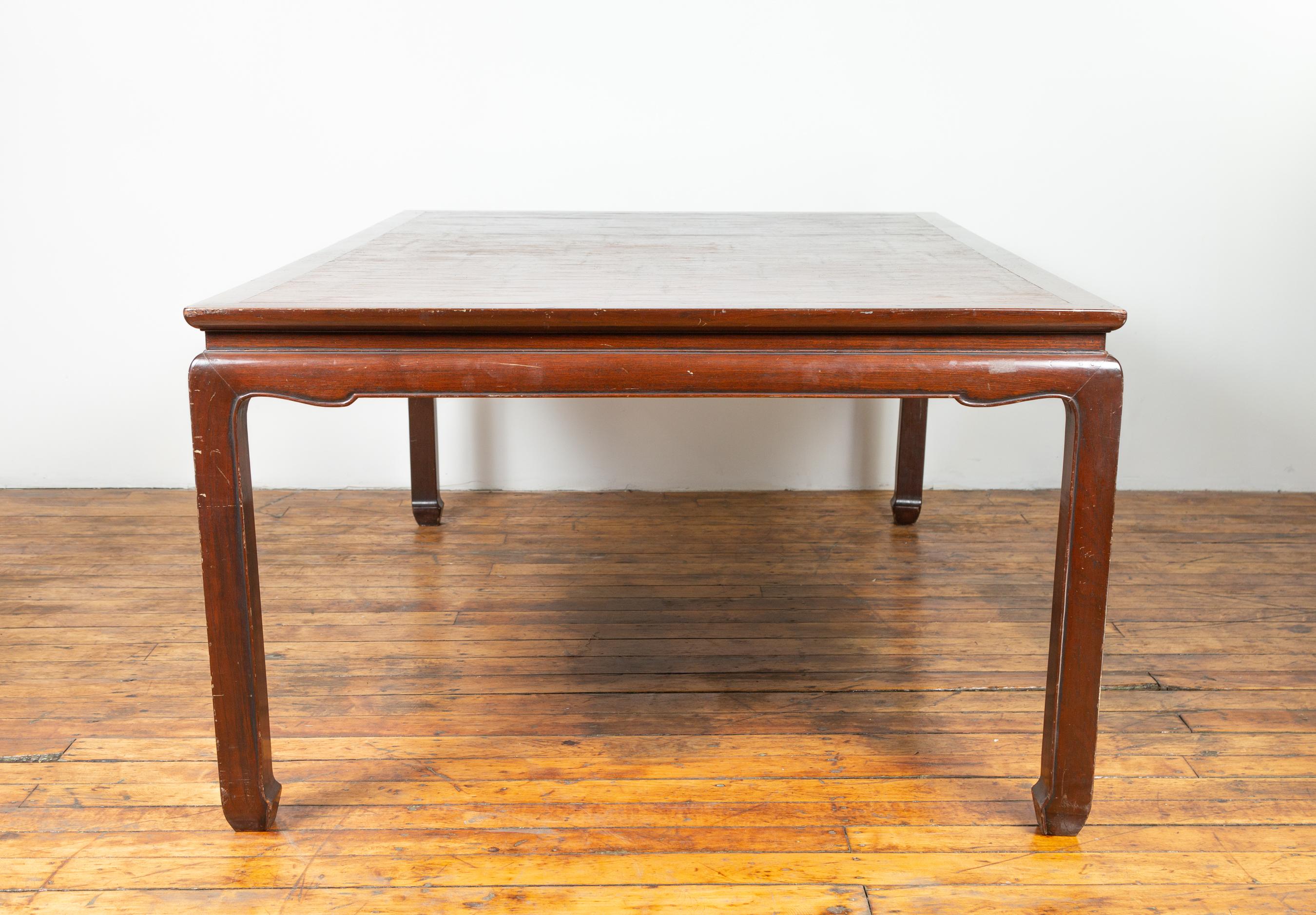 Vintage Dining Table with Open Mat Top Inlay, Arched Apron and Horsehoof Legs 2