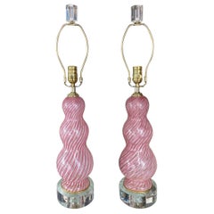 Vintage Pair Dino Martens Murano Pink Swirl Table Lamps Lucite Brass Restored