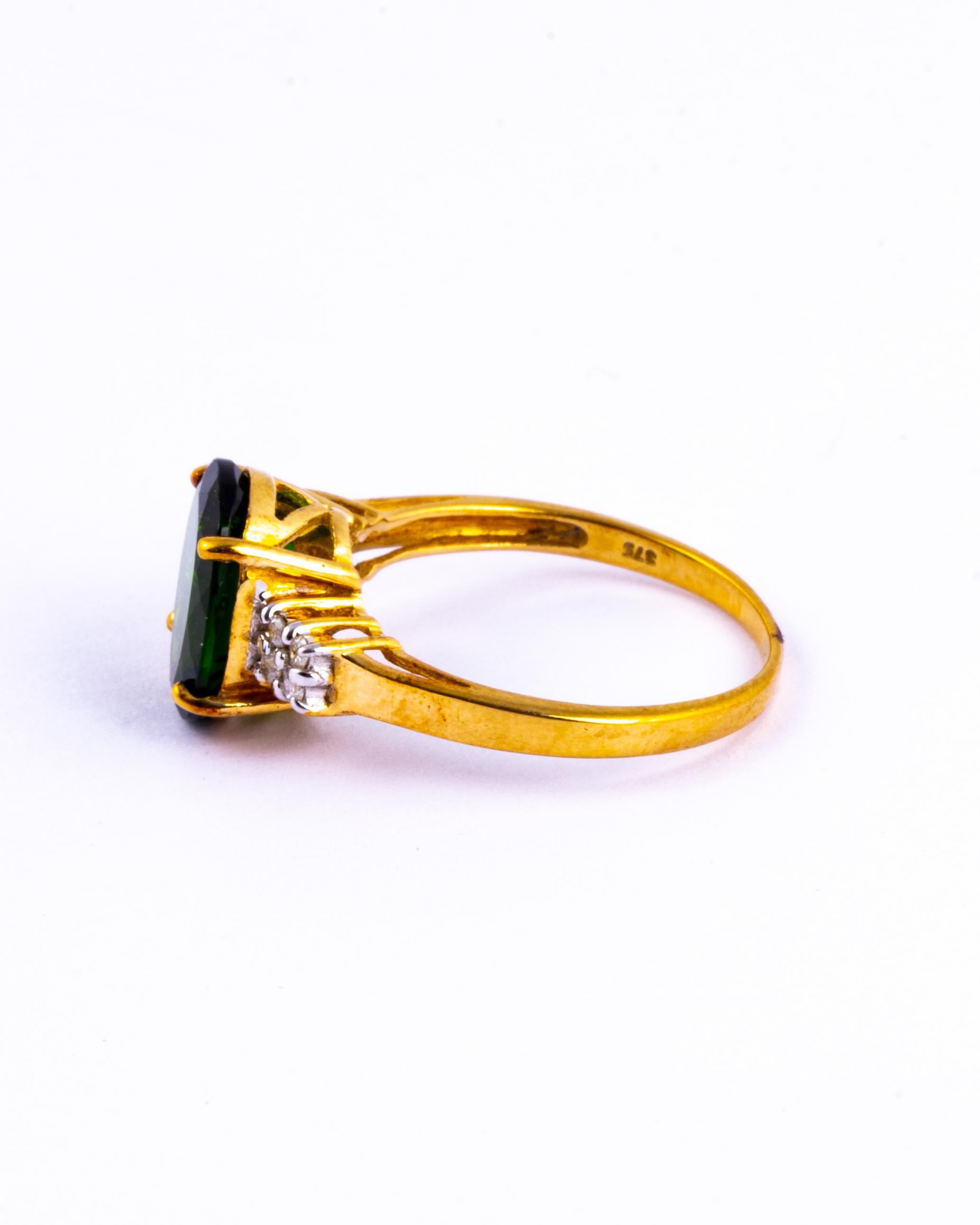 Modern Vintage Diopside and Diamond 9 Carat Gold Solitaire Ring