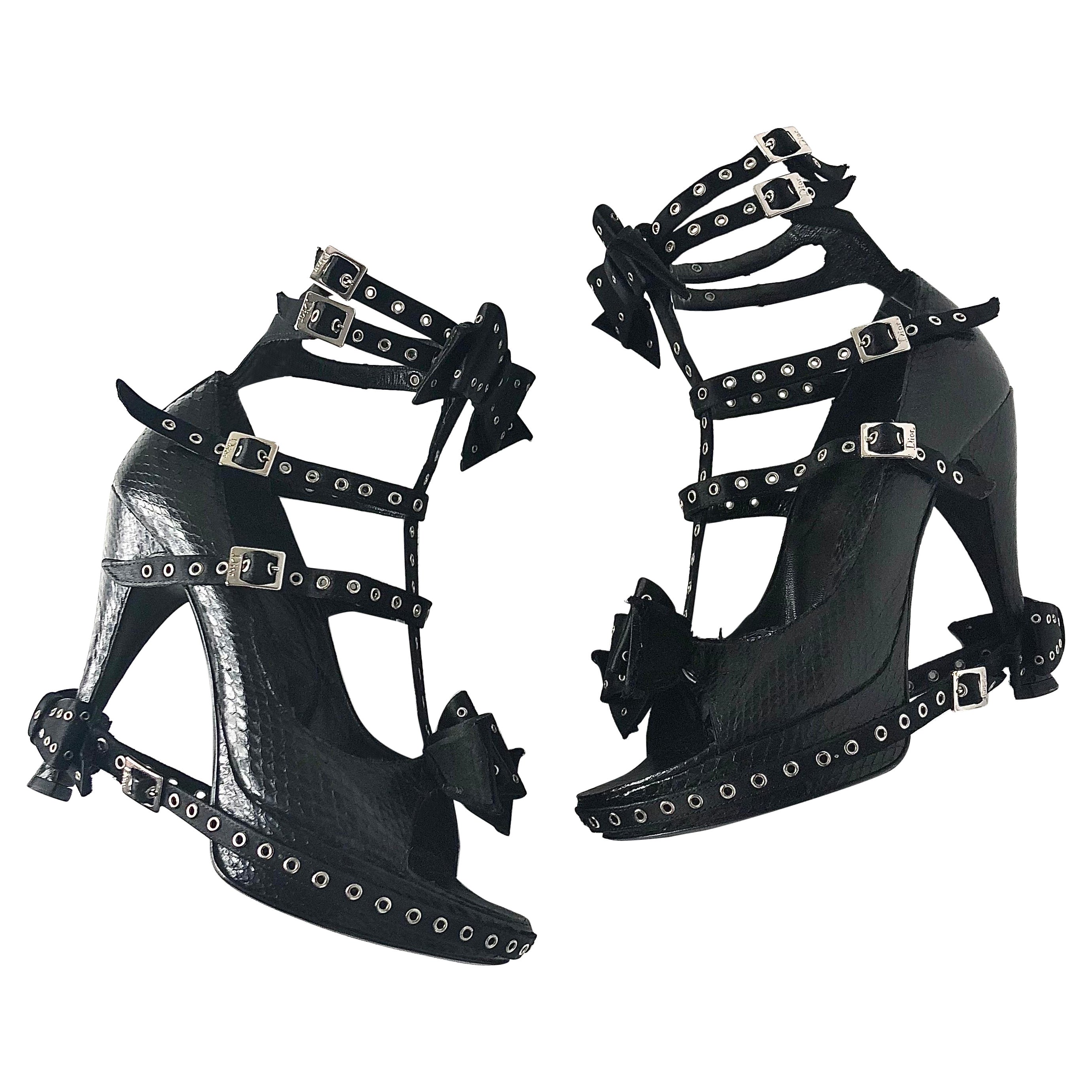 Vintage Dior A/I 2003 Galliano Retro Bondage Bow Snakeskin Strappy Pumps 37.5