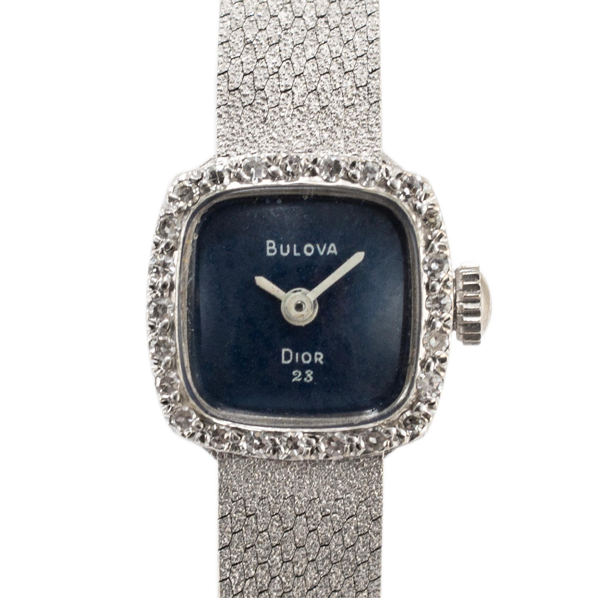 Brand: Dior Bulova

Gender: Ladies

Metal Type: 14K White Gold

Diameter: 15.00 mm

Weight: 20.20 grams

One ladies 14K white gold diamond Swiss-made Christian Dior Collection by Bulova watch. The metal was tested and determined to be 14K white
