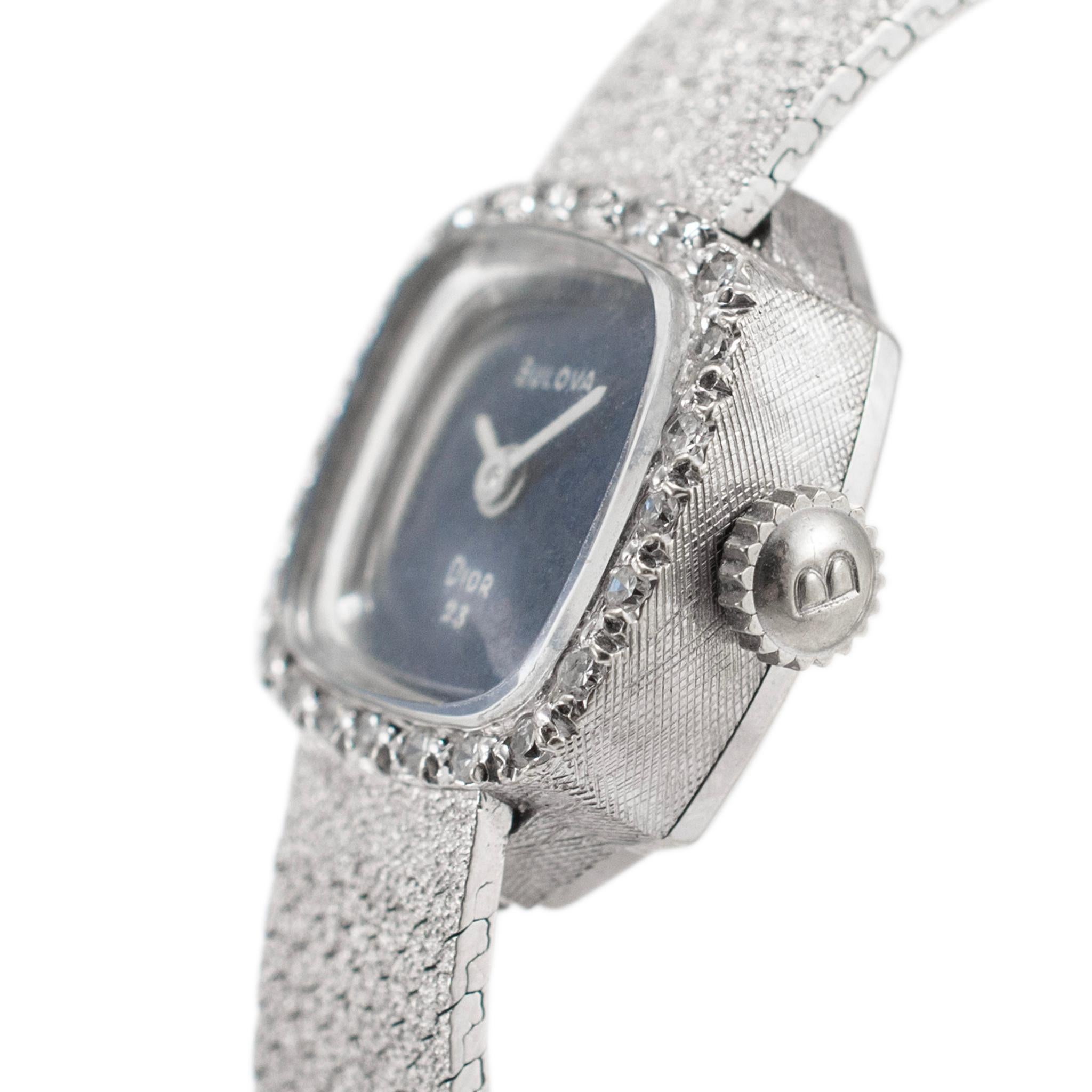 Round Cut Vintage Dior Bulova 23 Blue Diamond Bezel Manual Winding 14K White Gold Watch For Sale
