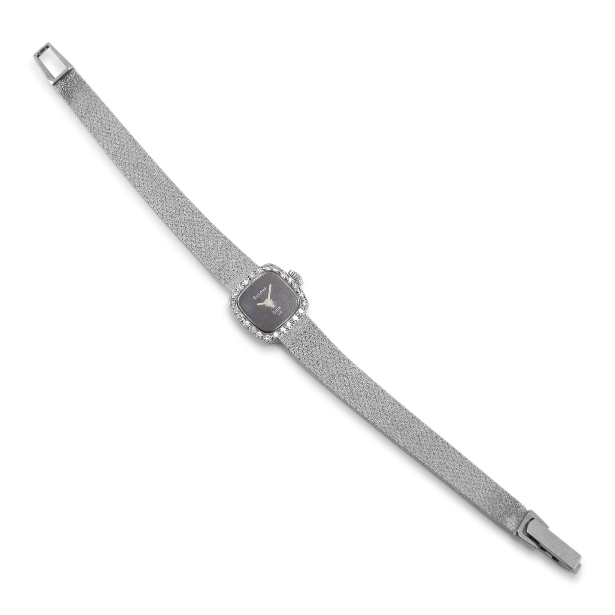 Vintage Dior Bulova 23 Blue Diamond Bezel Manual Winding 14K White Gold Watch For Sale 1
