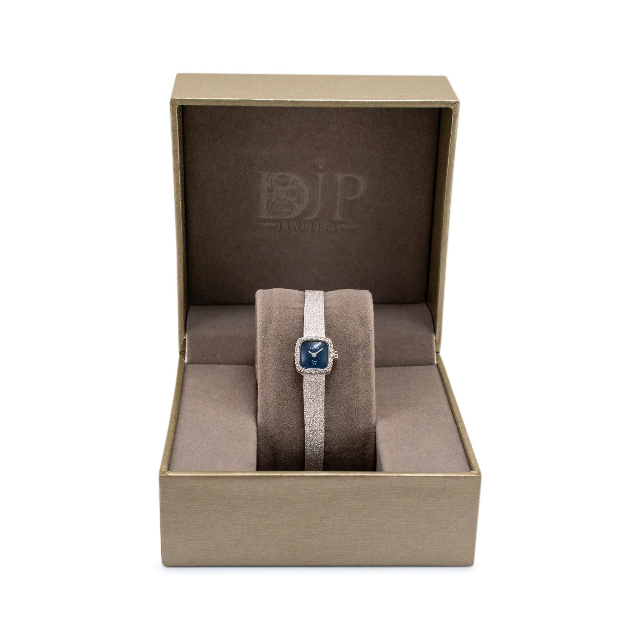 Vintage Dior Bulova 23 Blue Diamond Bezel Manual Winding 14K White Gold Watch For Sale 2