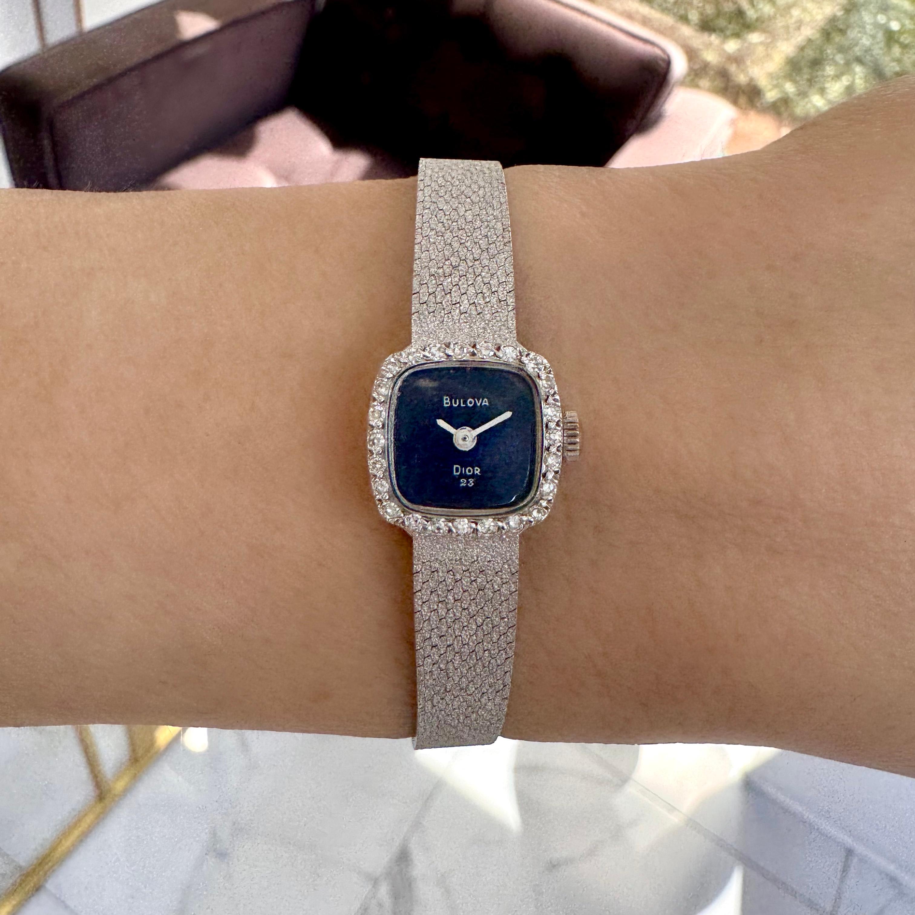 Vintage Dior Bulova 23 Blue Diamond Bezel Manual Winding 14K White Gold Watch For Sale 3