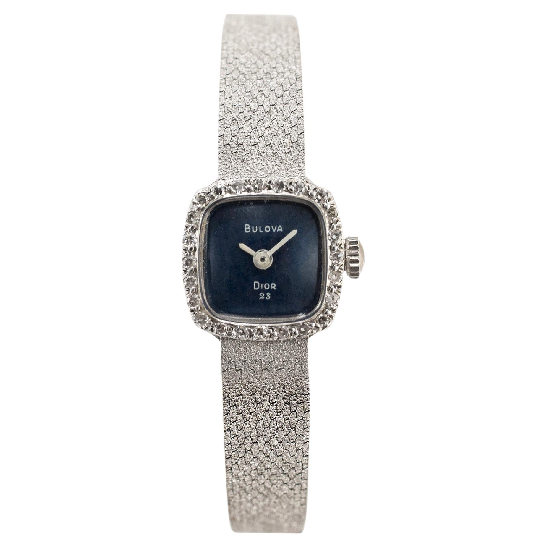 Orologio vintage Dior Bulova 23 Blue Diamond Bezel a carica manuale in oro bianco 14 carati