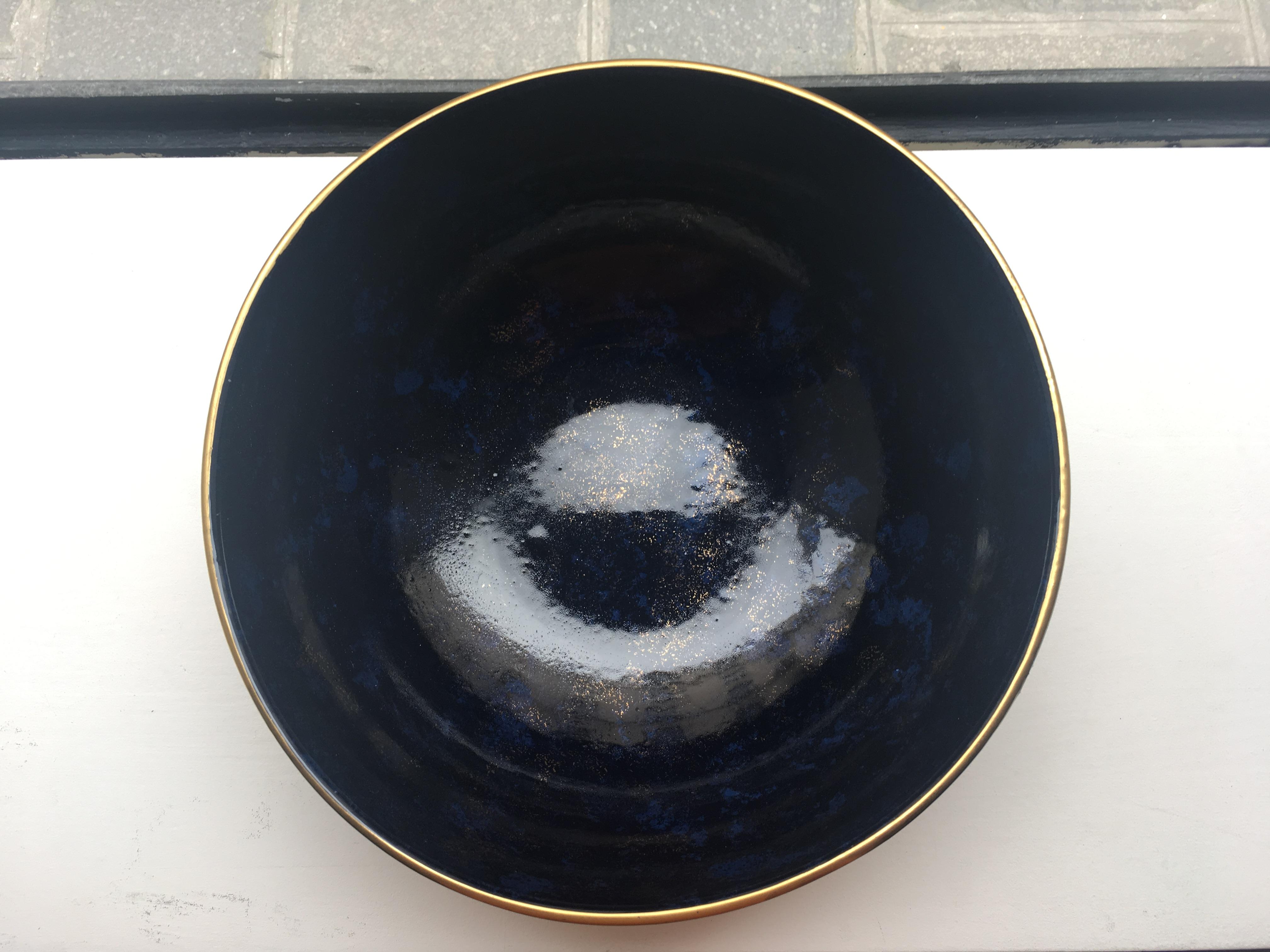 Very beautiful deep blue with gold nuances very rare vintage ceramic bowl made in Italy in 1970s for Cristian Dior.
