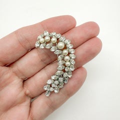 Vintage Christian Dior Crystal Pearl Crescent Brooch 1970s