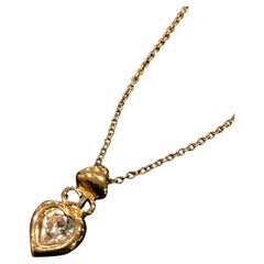 Vintage Dior Custom Gilt Metal Heart Logo Rhinestone Pendant Short Necklace 90's
