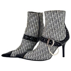 Vintage Dior D Trick Galliano Trotter Print Faux Pearl Pointed Toe Bootie 37