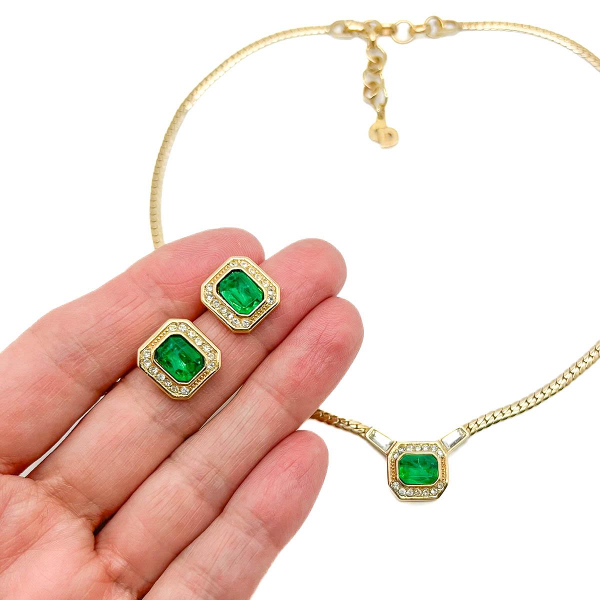 Vintage Dior Emerald Necklace and Earring Set 1980s In Good Condition For Sale In Wilmslow, GB