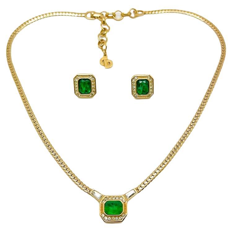 Vintage Dior Emerald Necklace and Earring Set 1980s For Sale
