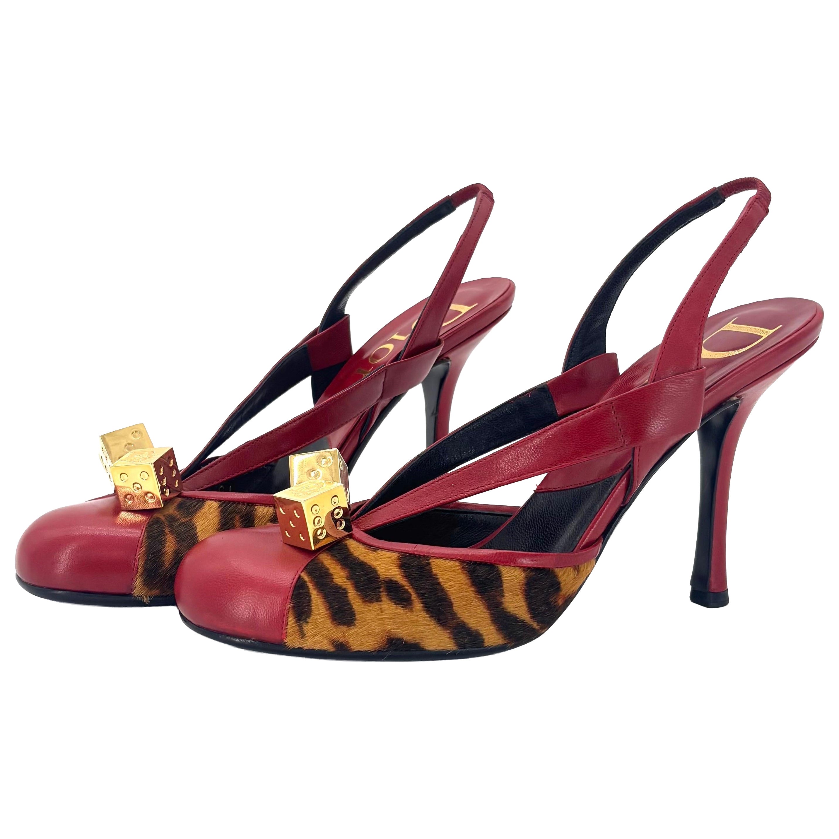 Vintage Dior F/W 2004 Galliano Gambler Dice Leopard Print  Slingback Pumps 38.5