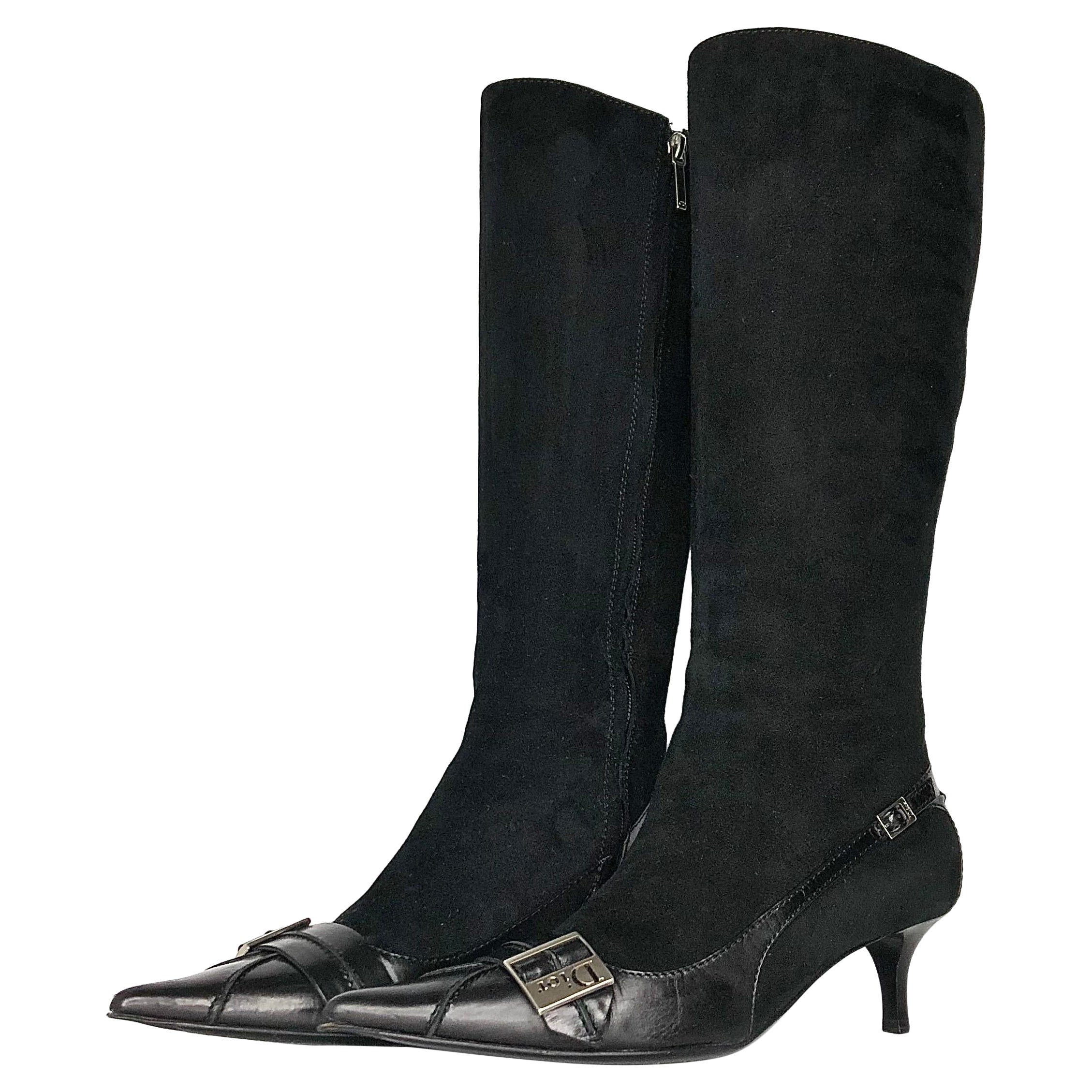 Vintage Dior Galliano Logo Buckle Black Knee High Pointed Toe Boots 37.5