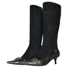 Vintage Dior Galliano Logo Buckle Black Knee High Pointed Toe Boots 37.5