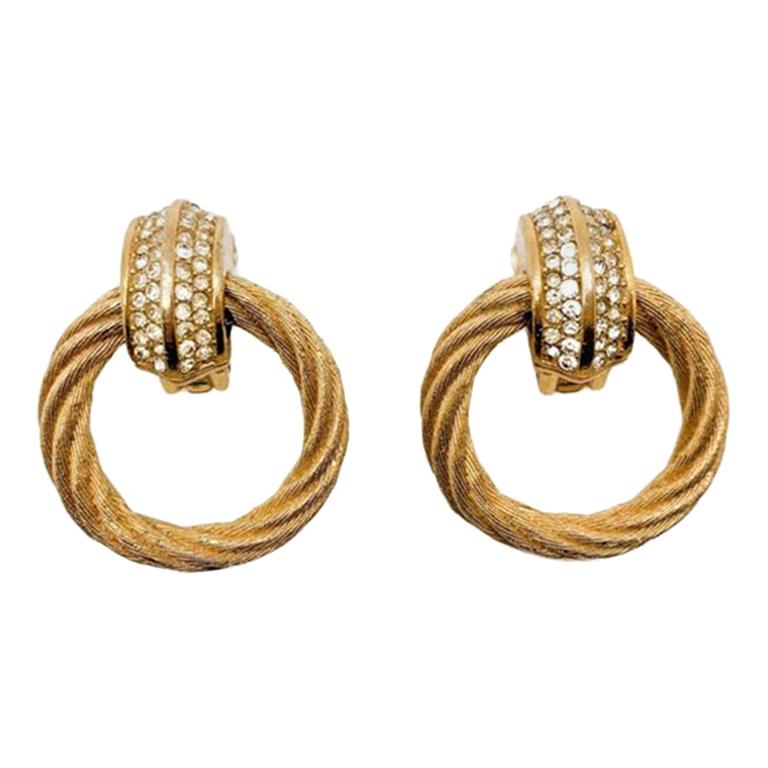 Vintage rope textured clip on gold hoop earrings