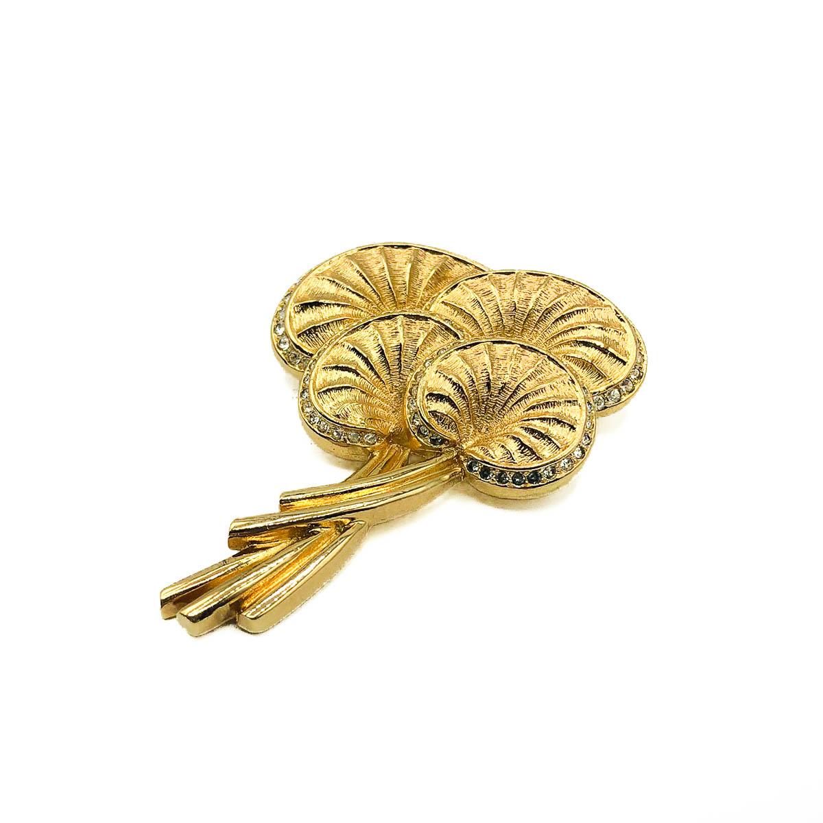Vintage Dior Gold & Crystal Stylised Palm Leaf Brooch 1980s In Good Condition In Wilmslow, GB