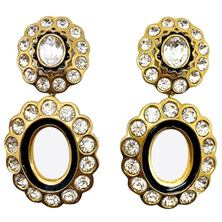 Vintage Dior Gold&Crystal Double Hoop Statement Earrings 1980S