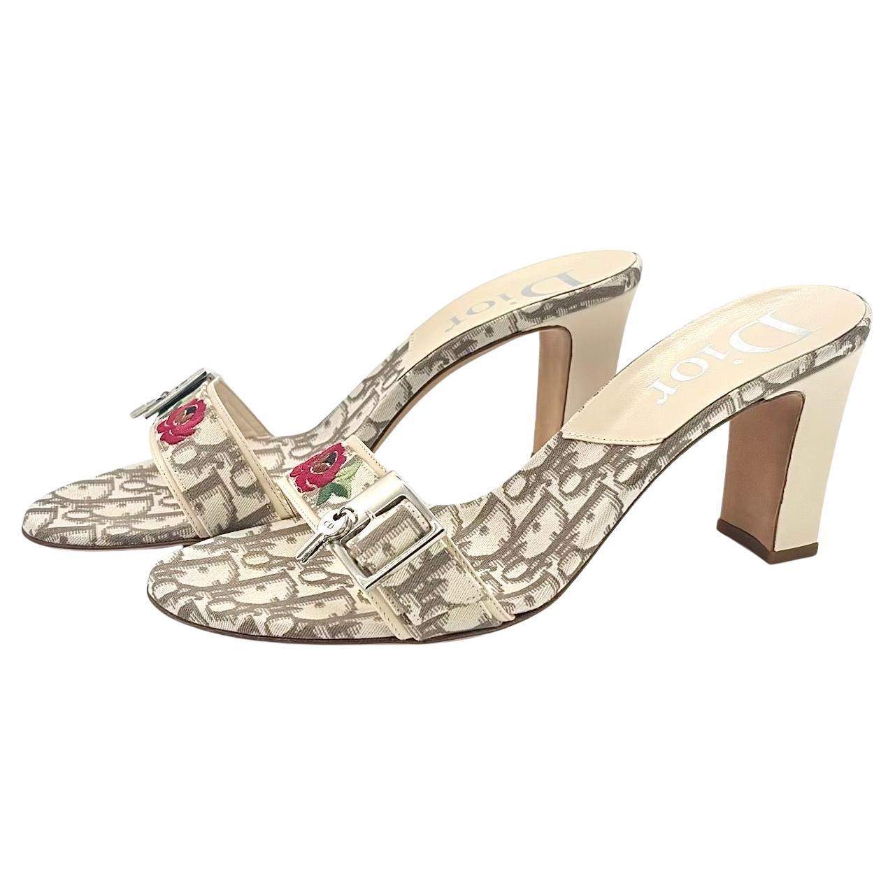 Vintage Dior John Galliano 2005 Diorissimo Lock and Key Monogram Mules 39.5