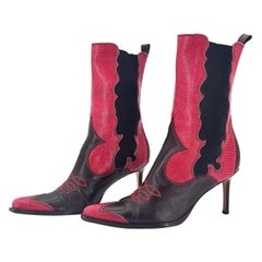 Vintage Dior John Galliano Red Snakeskin Chelsea Western Pointed Toe Boots 37