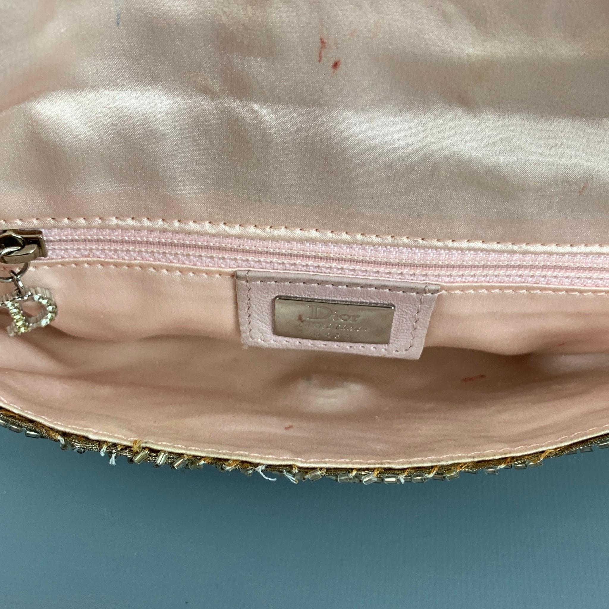 Vintage DIOR Limited Edition Silver Beaded Silk Clutch Handbag In Good Condition In San Francisco, CA