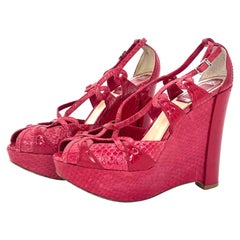 Vintage Dior Red Snakeskin High Wedge Patent Leather Sandals 36