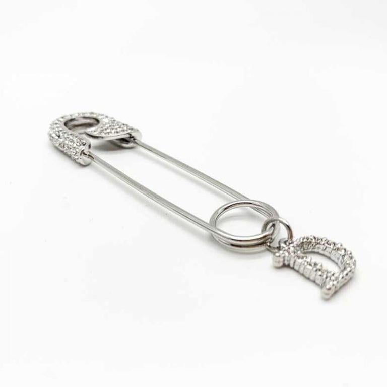 Vintage Dior Silver and Rhinestone Safety Pin Brooch With Dangling D