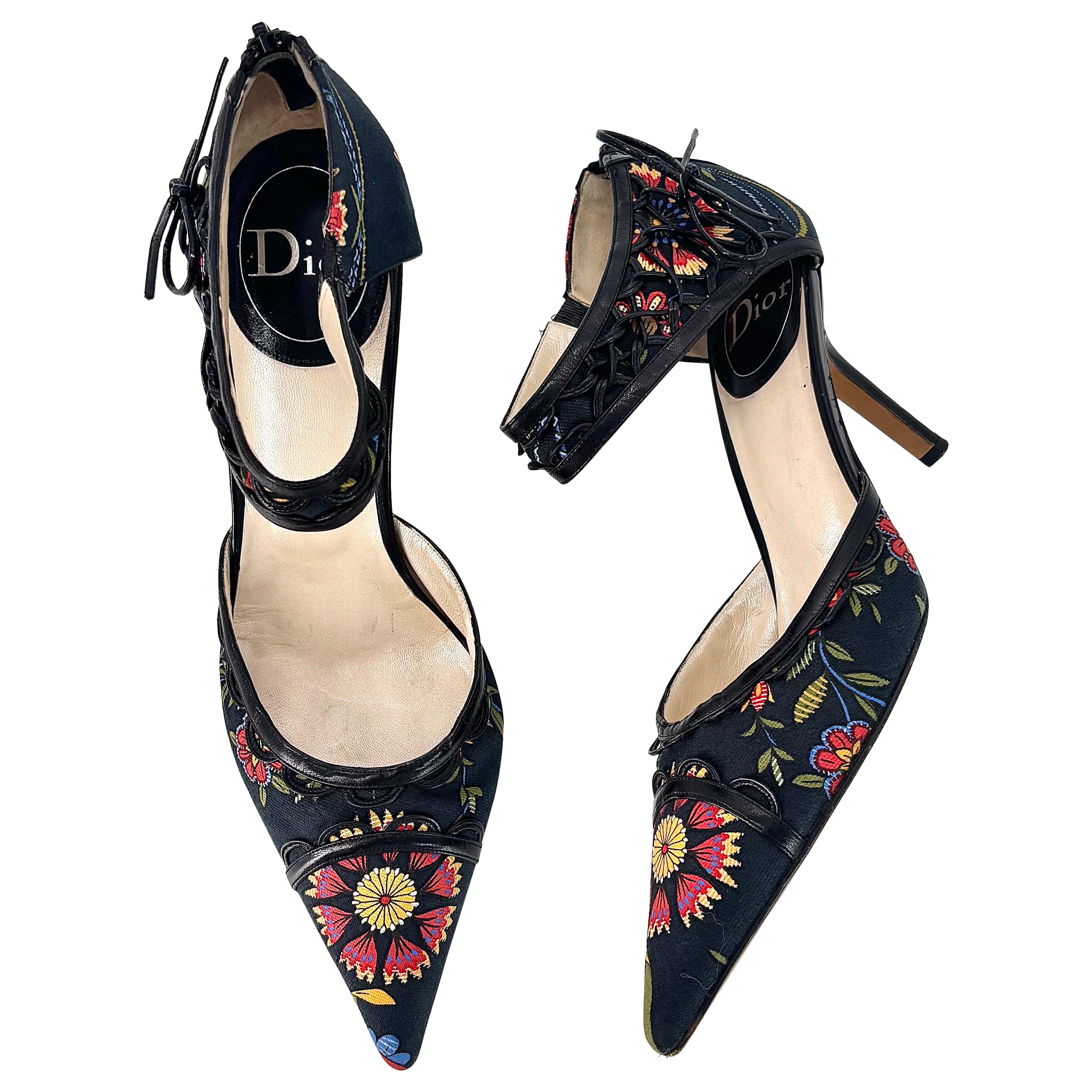 Vintage Dior SS 2002 Floral Print Bow Detail Pointed Toe High Heel Pumps 40.5