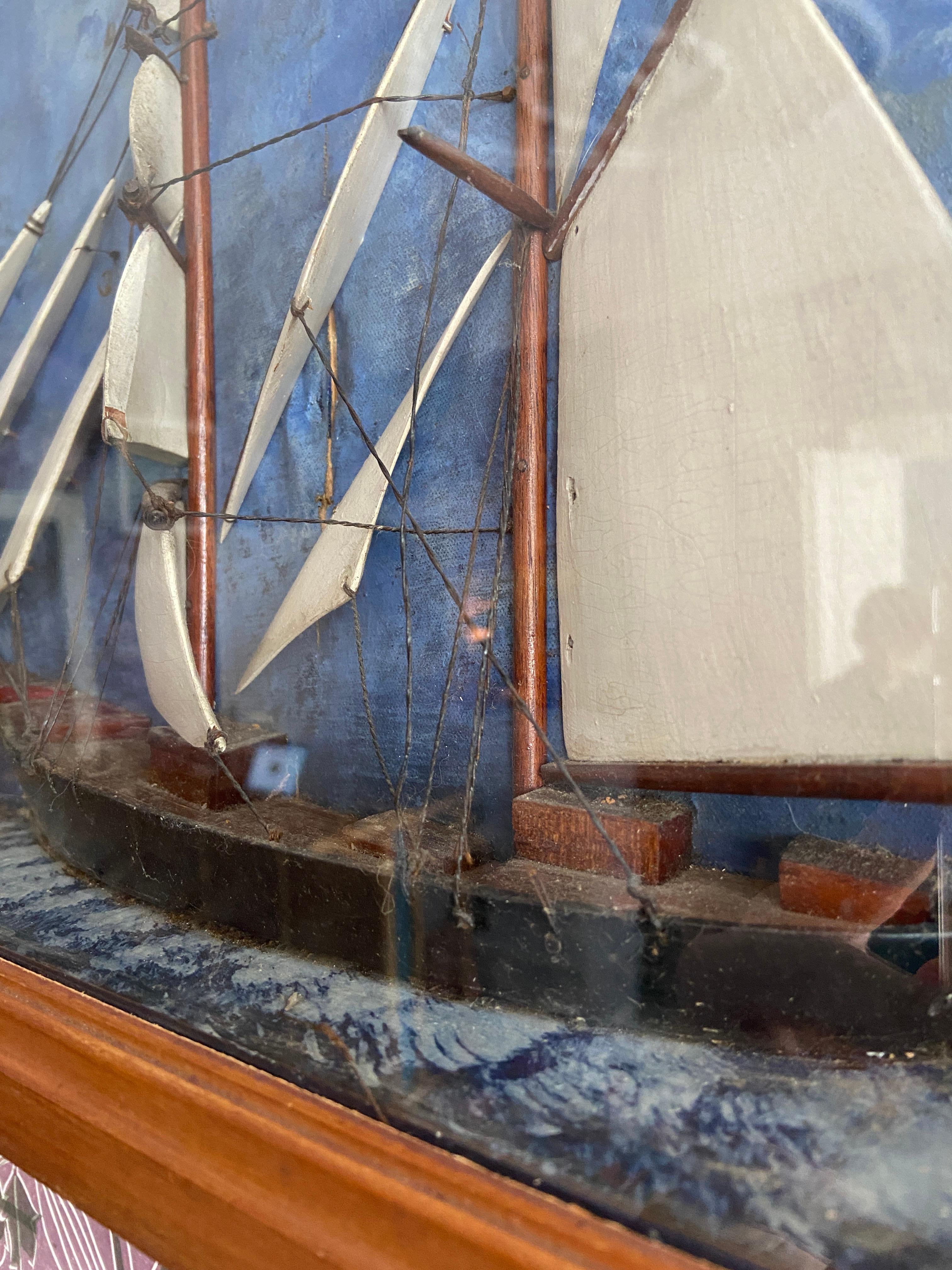American Vintage Diorama of a Sailing Schooner in Wooden Frame, USA, 1920's For Sale