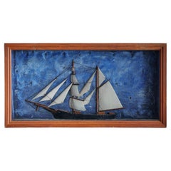 Antique Diorama of a Sailing Schooner in Wooden Frame, USA, 1920s